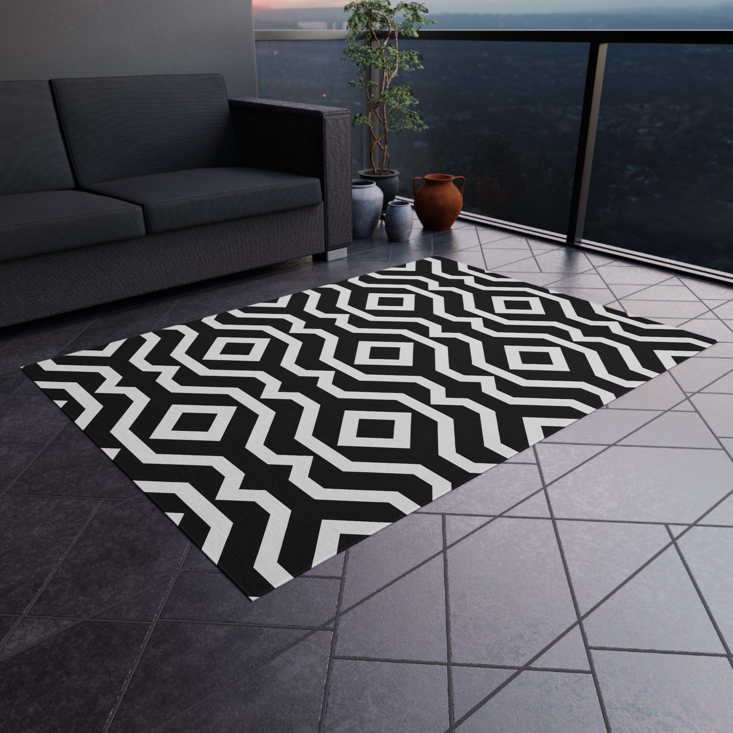 Geometric Black White Pattern Outdoor/Indoor Rug | Modern Patio Mat