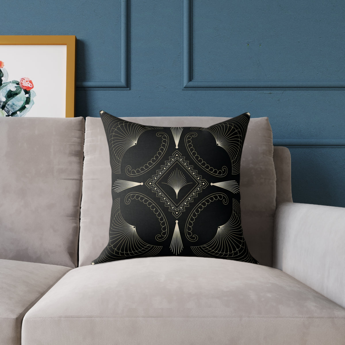 Art Deco Black Cream Geometric Pattern Square Pillow | Decorative Throw Pillow