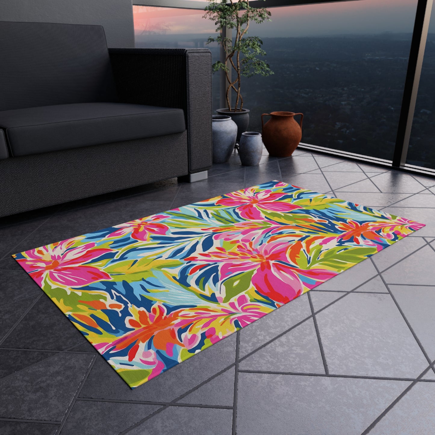Tropical Floral Pattern Indoor/Outdoor Rug | Bright Hibiscus Beach Mat