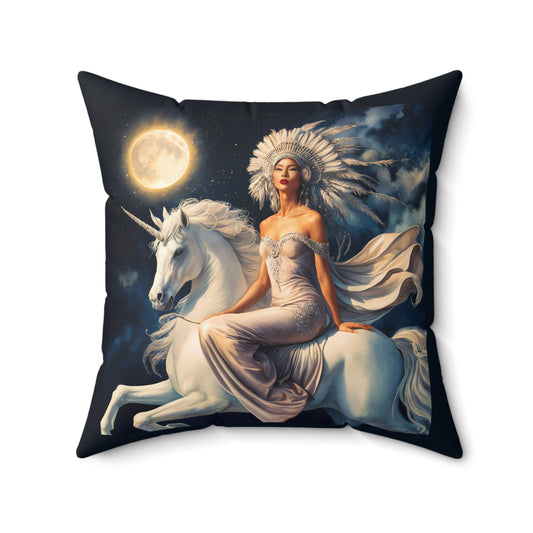 Fantasy Square Pillow, Native American Princess Unicorn Full Moon Night Sky Decor, Magical Throw Cushion, Home Accent Gift, Bedroom