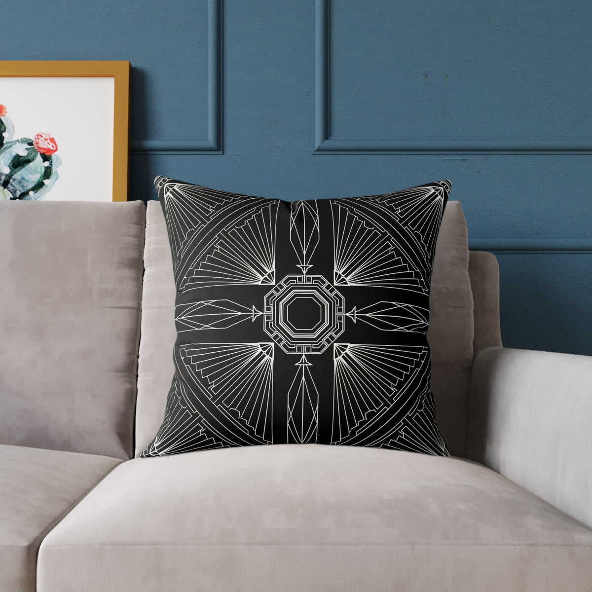 Art Deco Black White Geometric Pattern Pillow | Square Poly Canvas Pillow