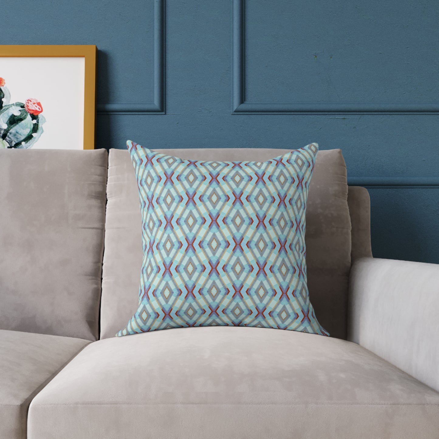 Geometric Diamond Pattern Square Pillow | Turquoise Blue Purple Dark Red Ikat Throw Pillow