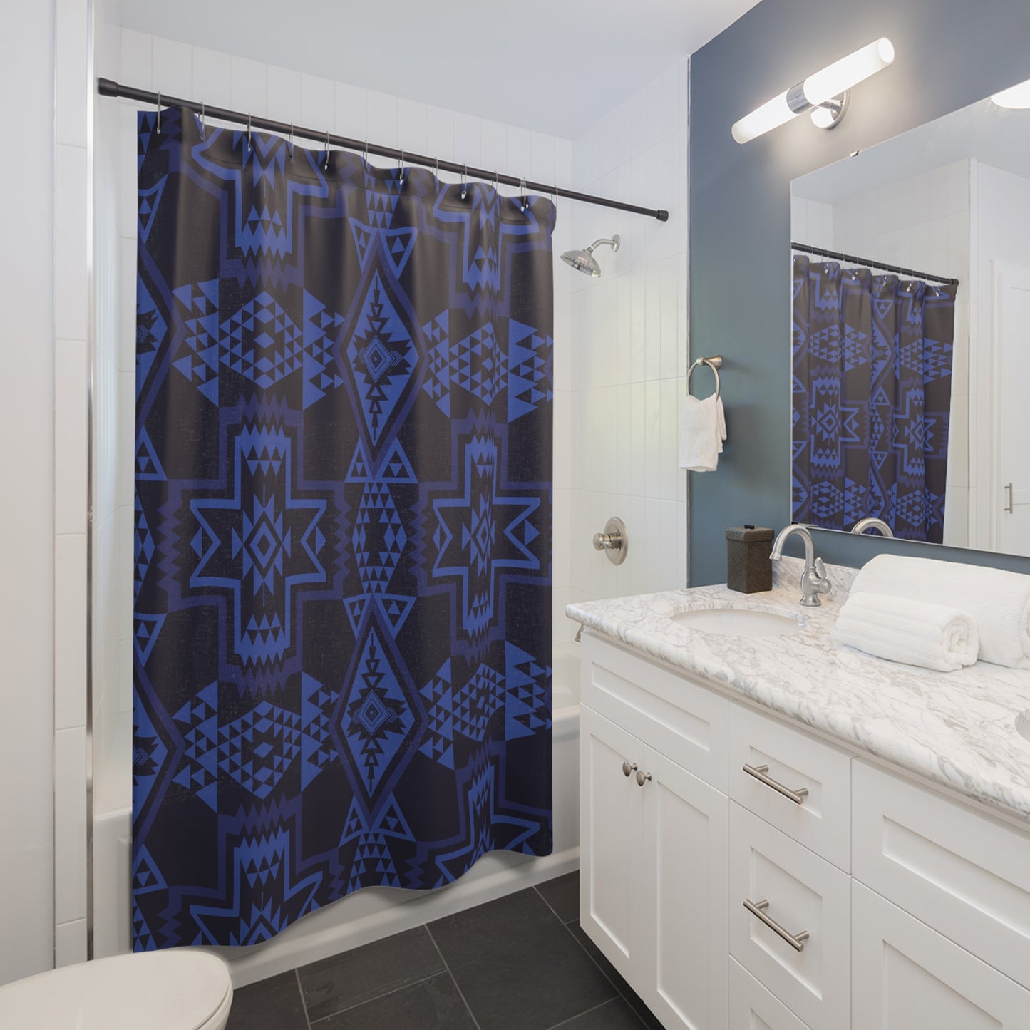 Navajo Geometric Pattern Shower Curtain | Blue Black Tribal Bathroom Decor