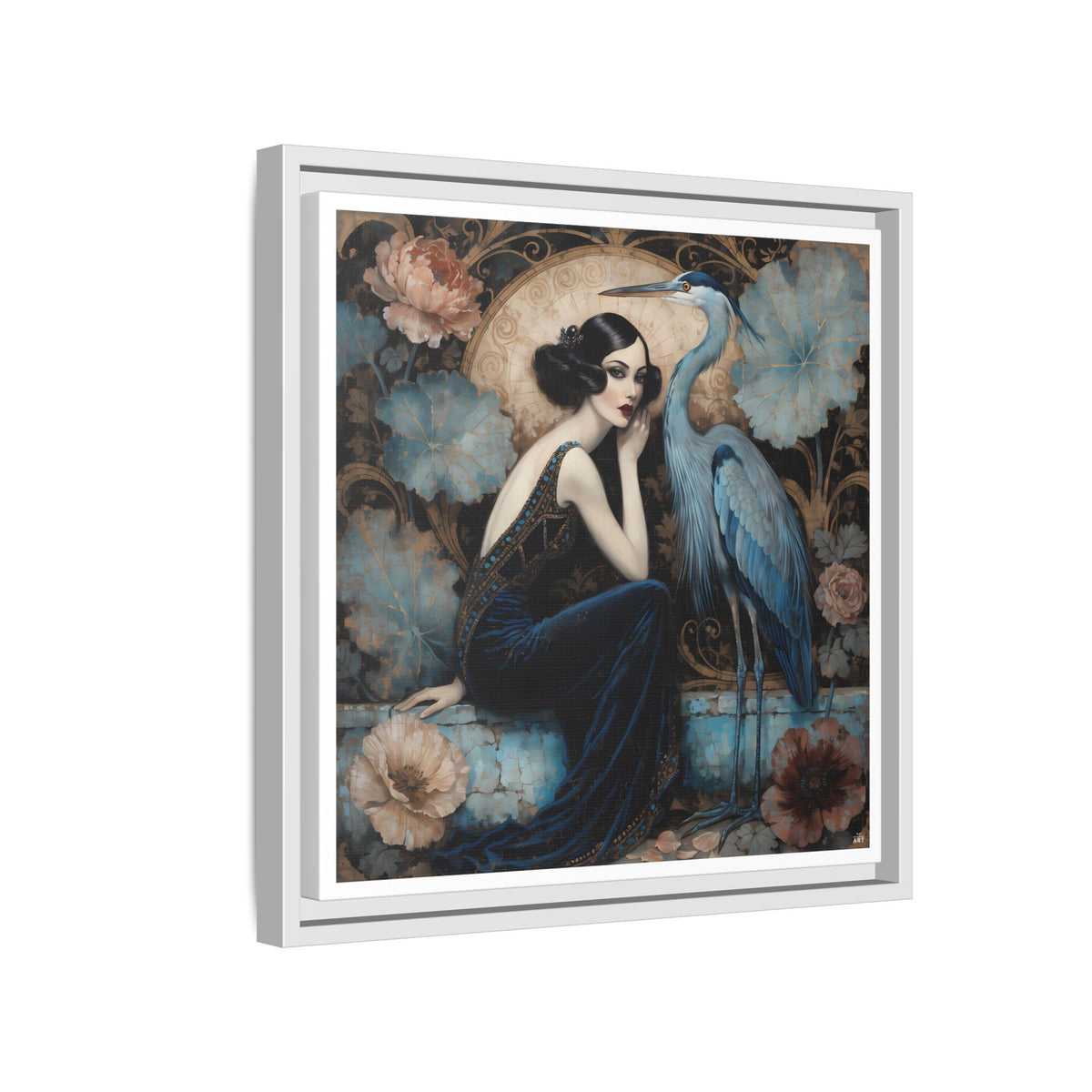 Art Deco Lady with Blue Heron Framed Canvas Wall Art