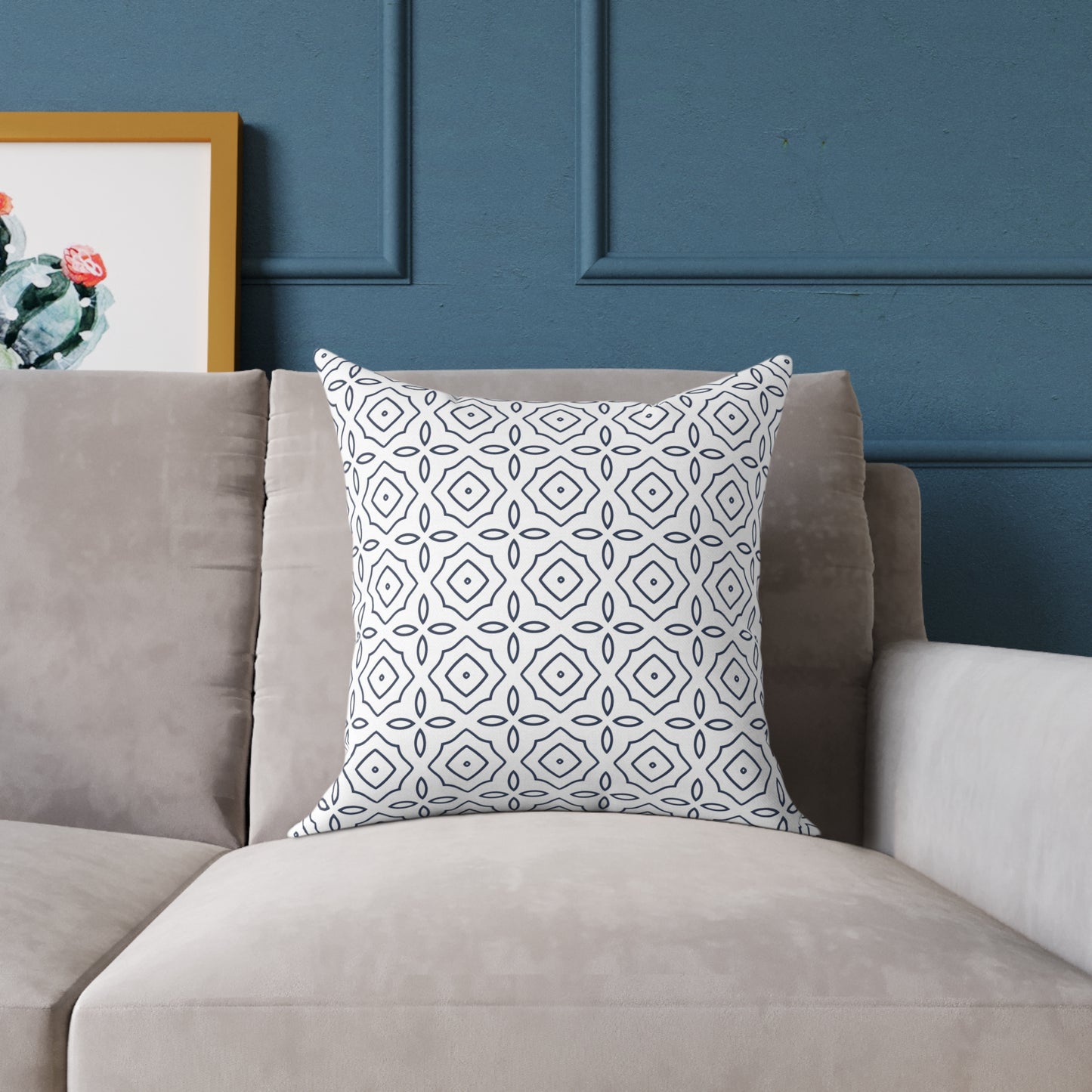 Geometric Tile Pattern Square Pillow | Blue White Moroccan Motif, Decorative Cushion, Home Decor Accent, Gift for Housewarming, Sofa Decor