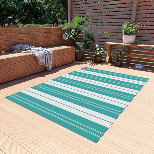 Teal White Stripe Outdoor/Indoor Rug | Patio Deck Mat