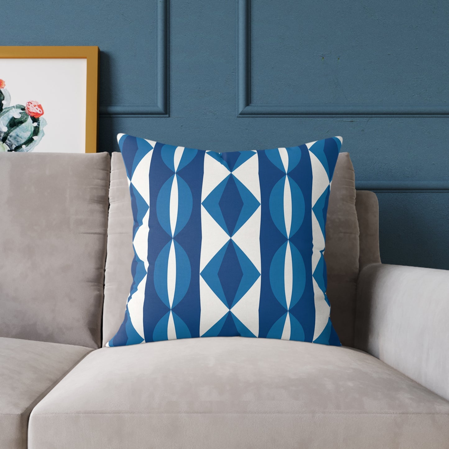 Blue White Geometric Pattern Pillow | Mid Century Modern Diamond Stripe