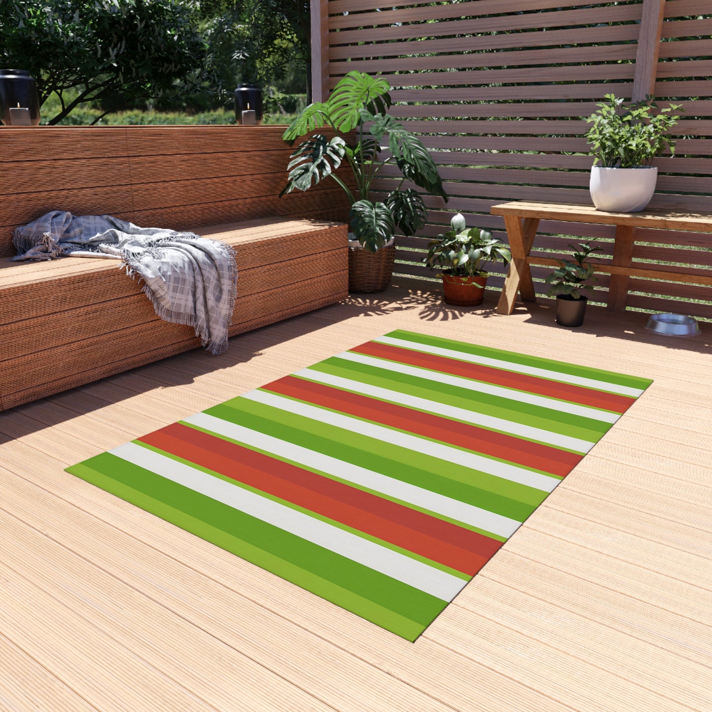 Green Orange Red White Stripe Outdoor/Indoor Rug | Patio Mat, Weatherproof Porch Rug