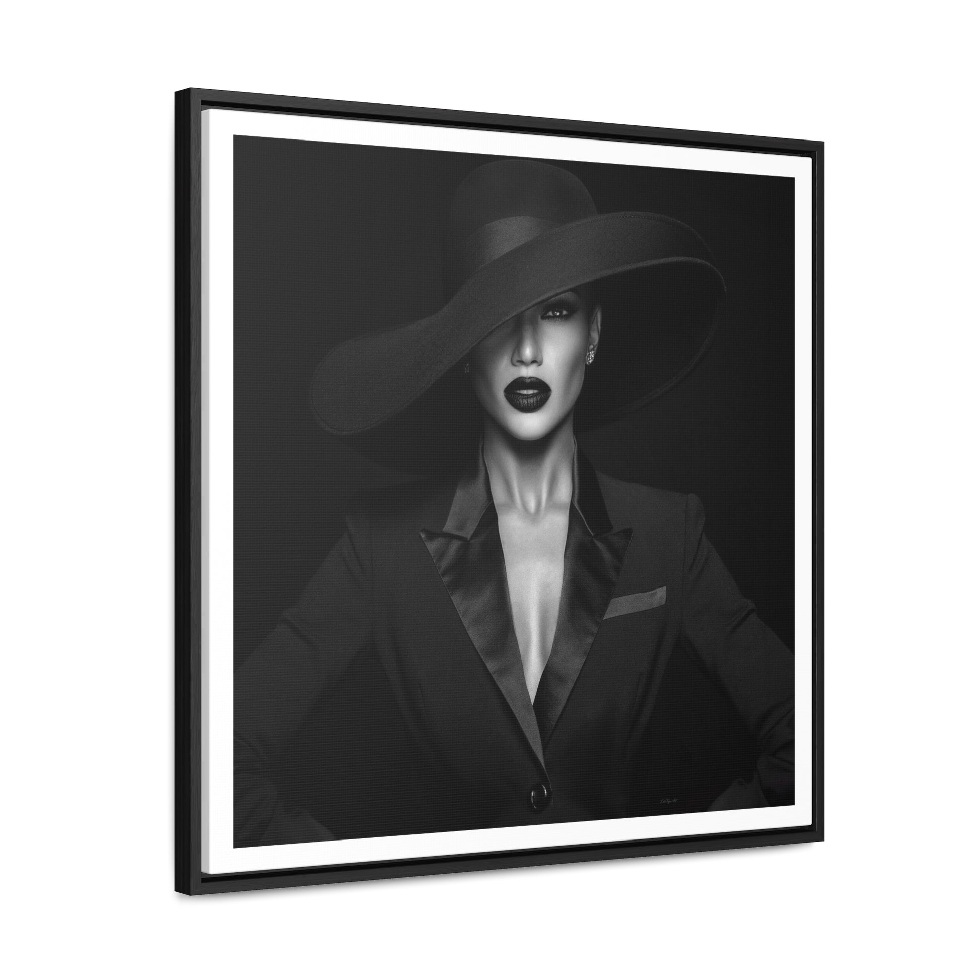 Canvas Wall Art Fashionista, Square Frame Glamorous Woman in Suit Decor, Black and White Dramatic Fedoras, Gallery Wraps, Home Office Decor, - LOLA VEGAS ART