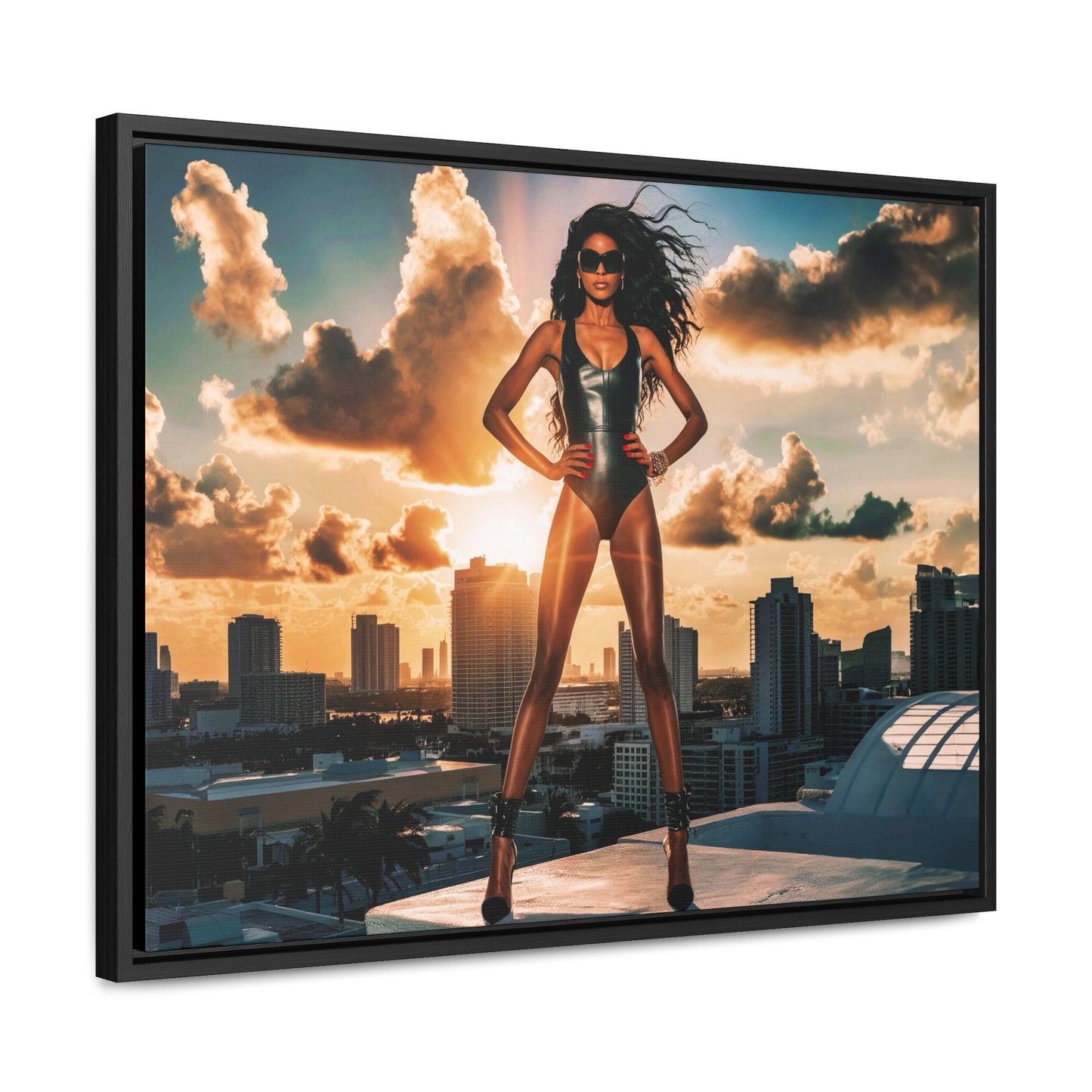 Canvas Wall Art, African American Model in Swimsuit with Miami Skyline, Fashion Decor, Horizontal Frame Home Decor, Gallery Wrap Print