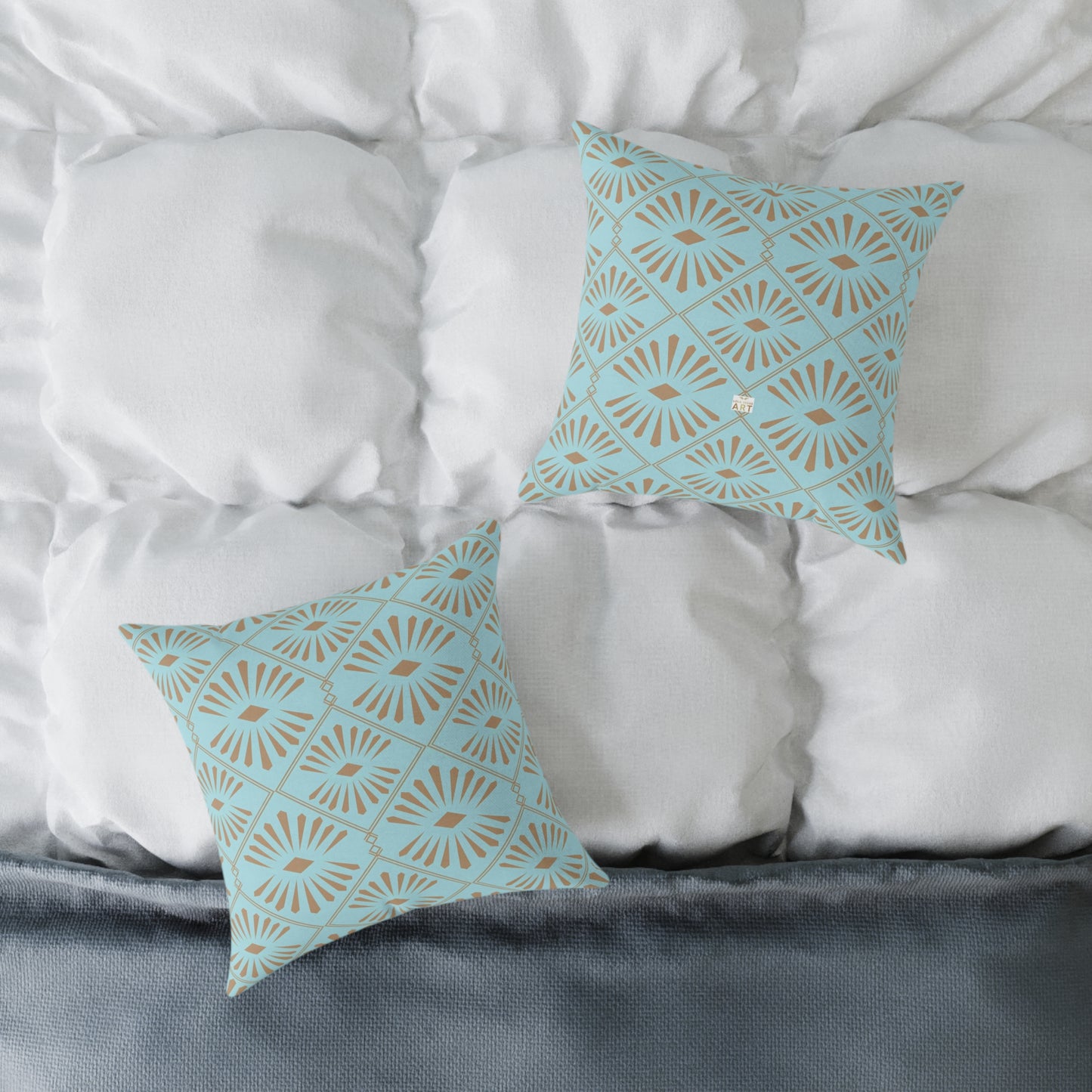 Dark Gold Geometric Fan Pattern Square Poly Canvas Pillow | Turquoise Throw Pillow