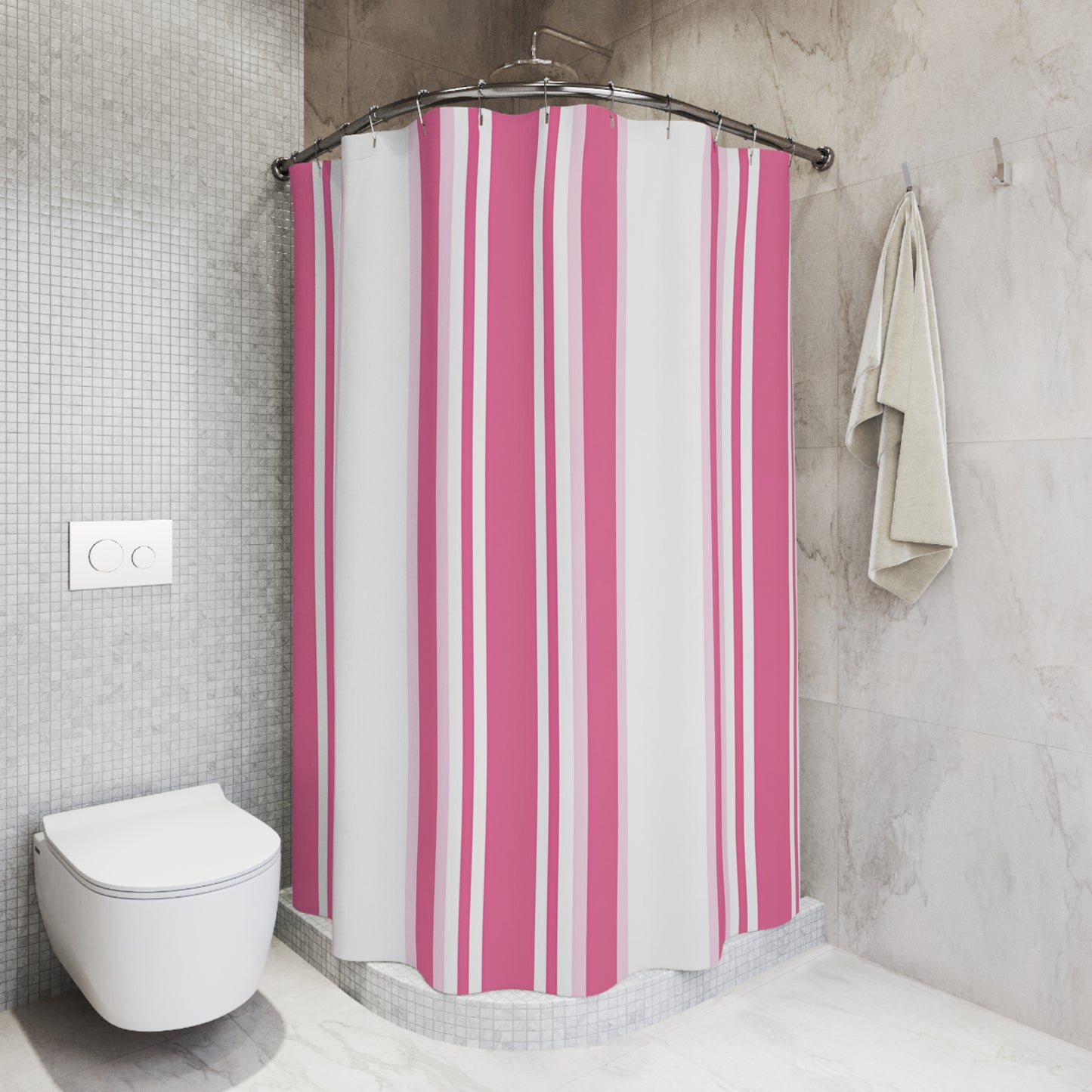 Pink Stripe Shower Curtain | Vertical Pink White Striped Bathroom Curtain