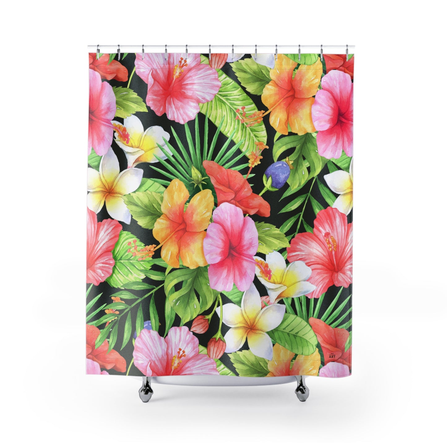 Tropical Hibiscus Floral Shower Curtain | Tropical Leaves Bathroom Decor Tropical Bathroom Accessory