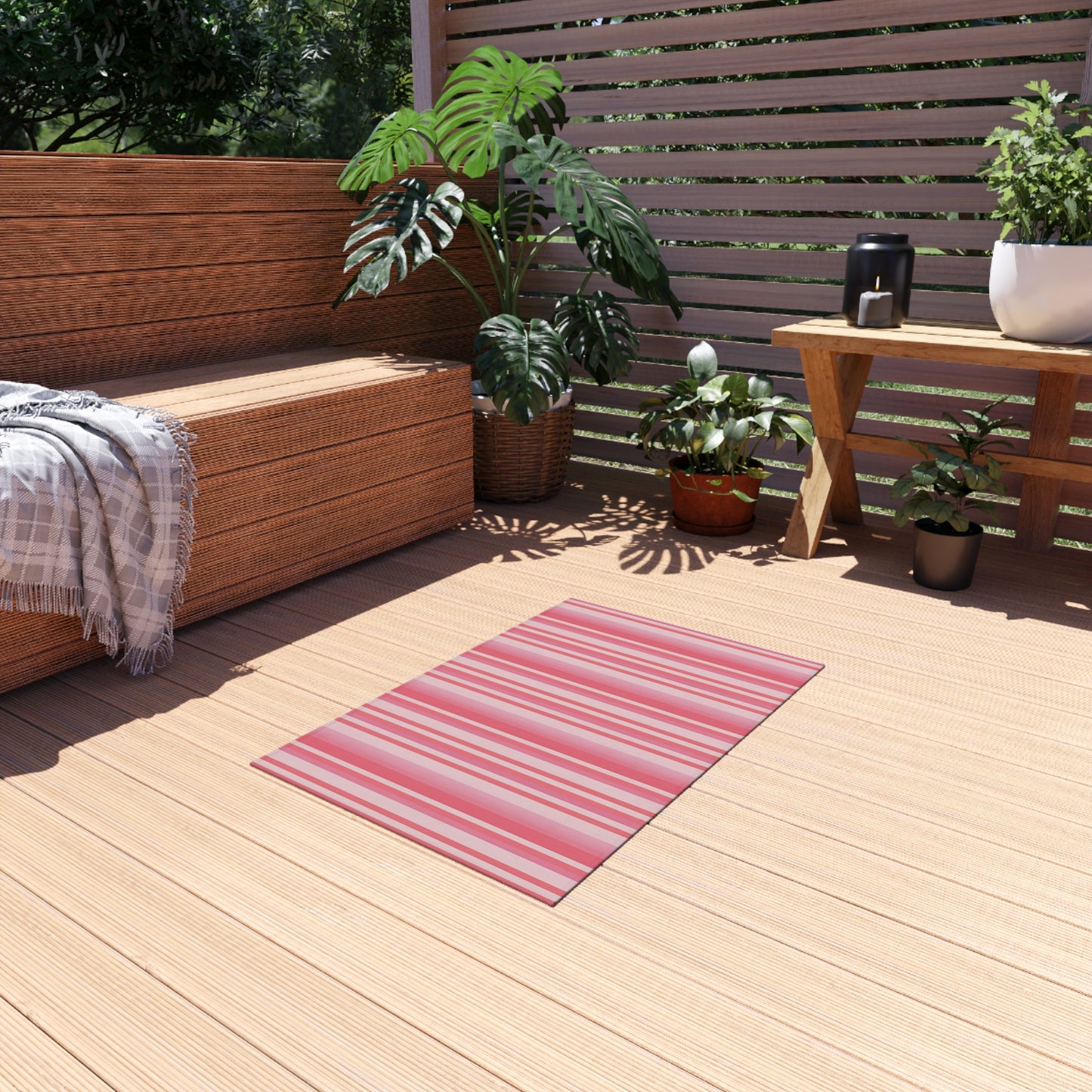 Medium Pink Light Pink Stripe Pattern Outdoor/Indoor Rug | Patio Mat, Water-Resistant Deck Rug