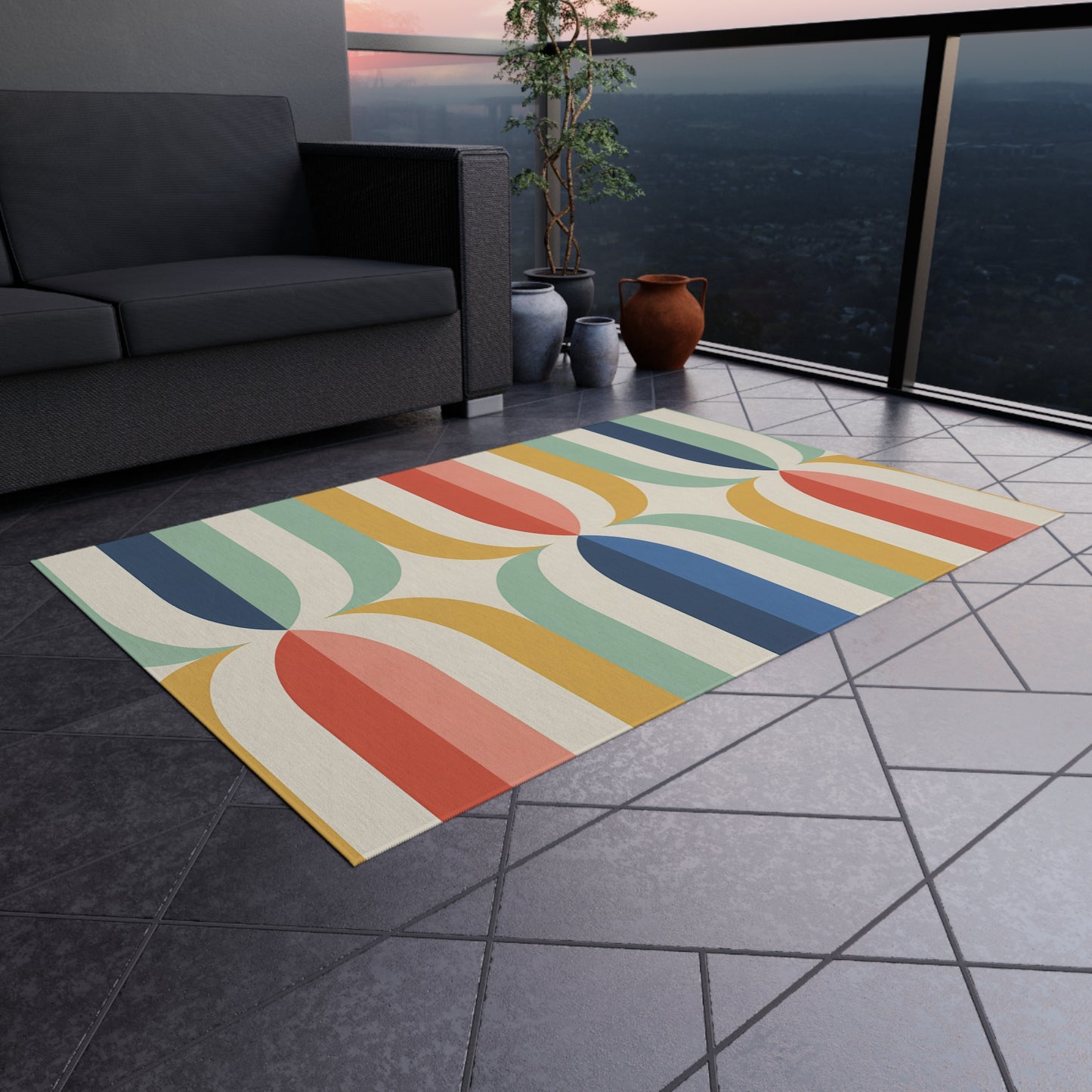 Mid Century Rainbow Arch Outdoor/Indoor Rug | Retro Geometric Patio Mat