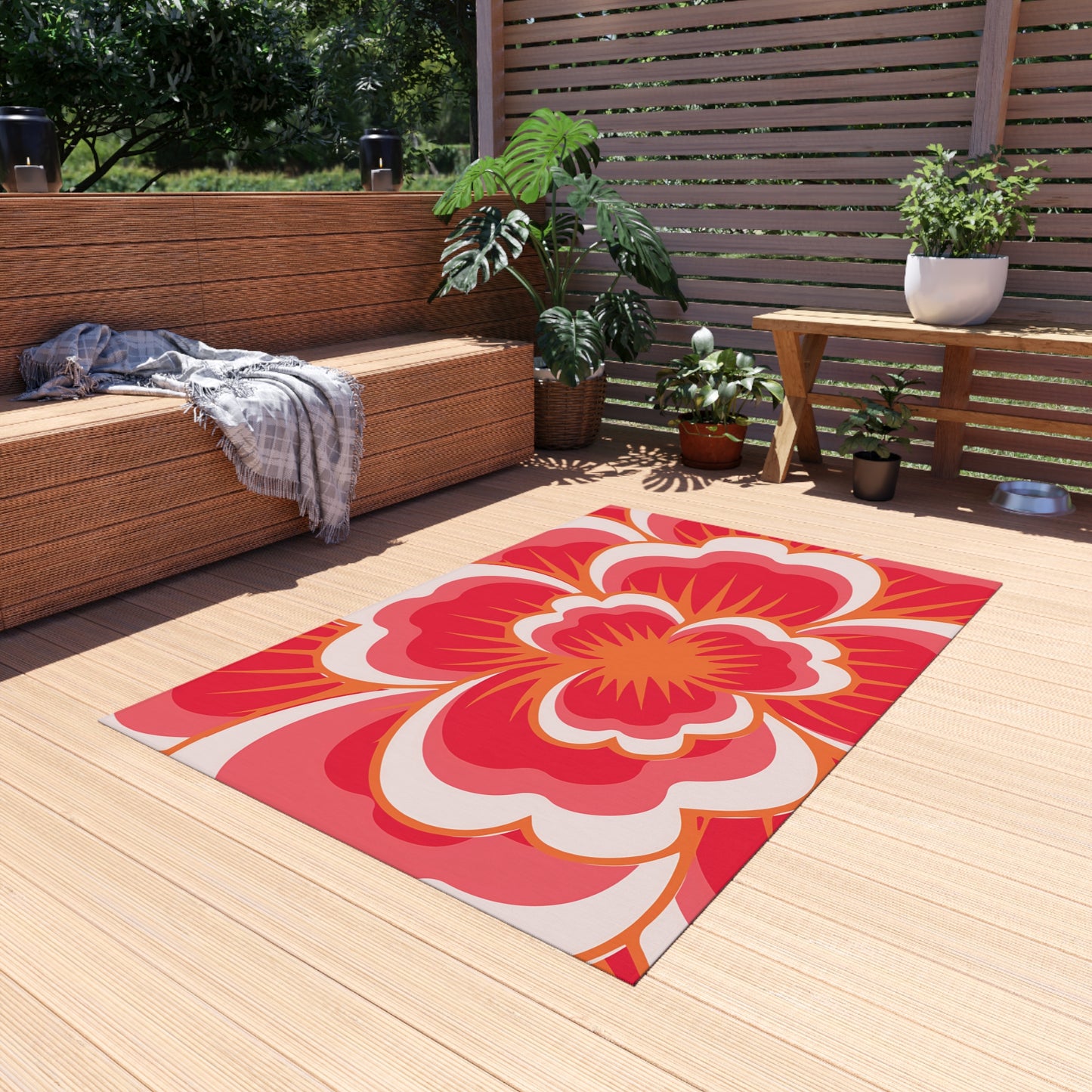 Bold Retro Floral Outdoor/Indoor Rug | Red Pink Hibiscus Pattern