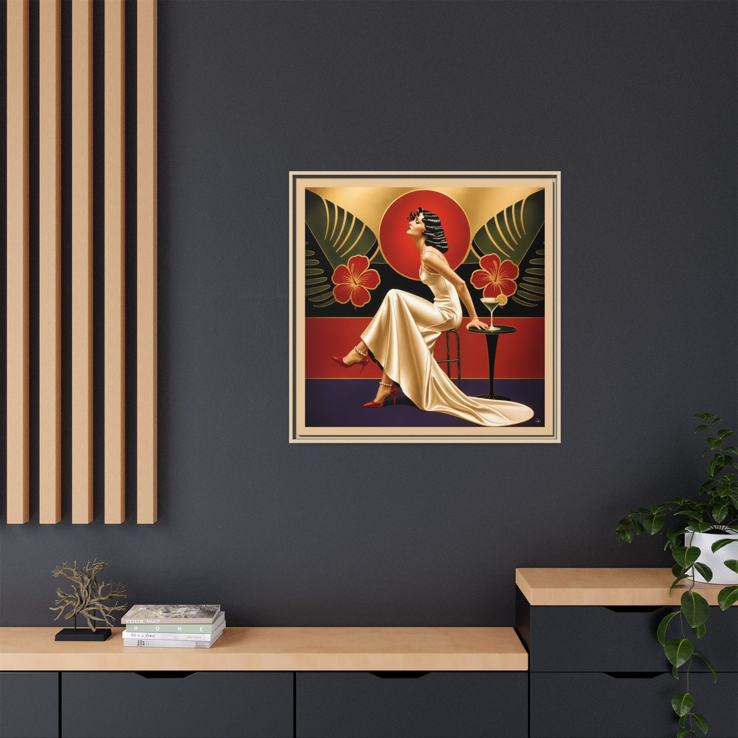 Art Deco Lady Red Green Beige Tropical Canvas Framed Wall Art | Matte Print