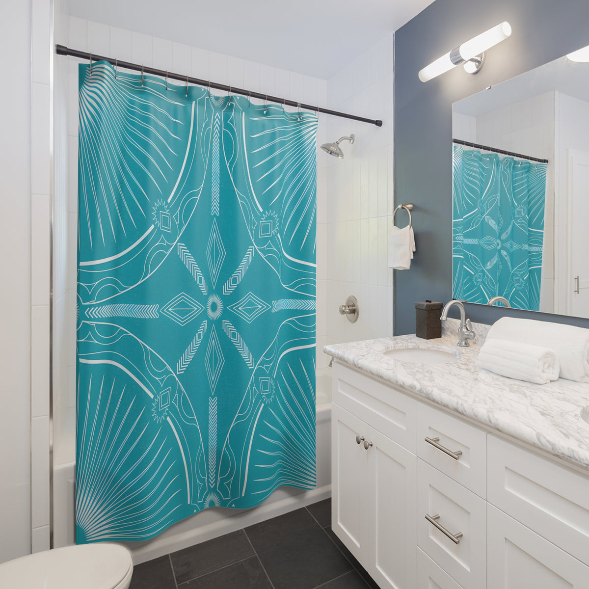 Turquoise Geometric Mandala Shower Curtain | Boho Pattern Bathroom Decor