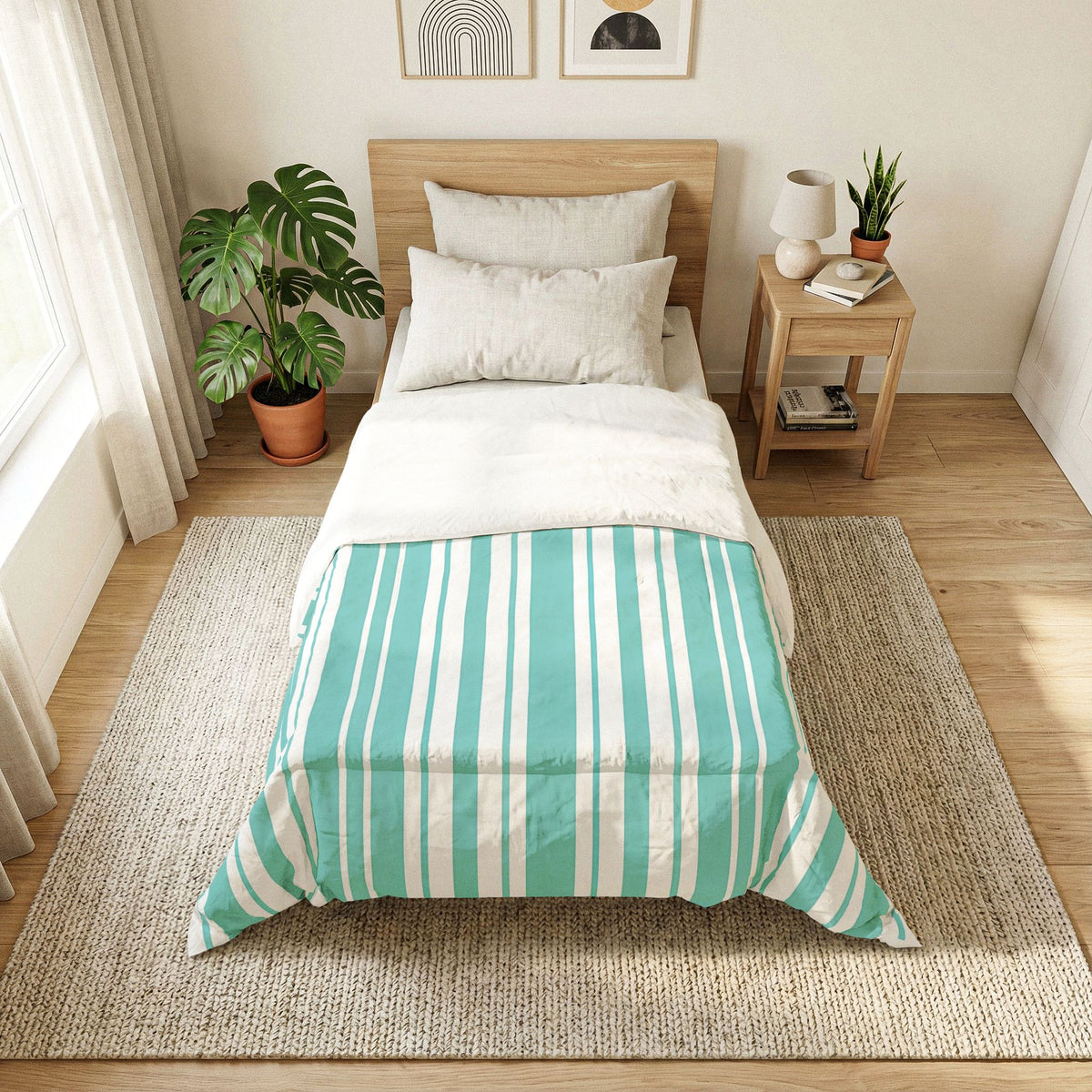 Aqua Vertical Stripes Comforter | Teal White Striped Comforter