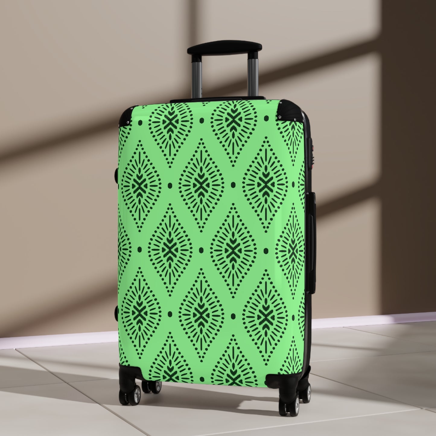 Lime Green and Black Moroccan Tile Pattern Suitcase | Boho Luggage Travel Accessory