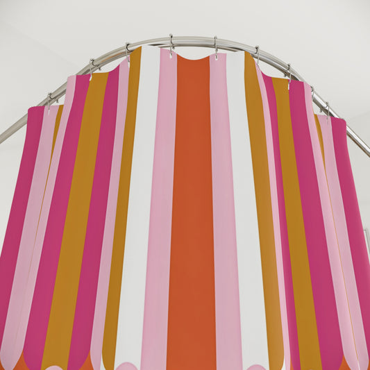 Retro Pink Orange Stripe Shower Curtain | Mid-Century Geometric Bath