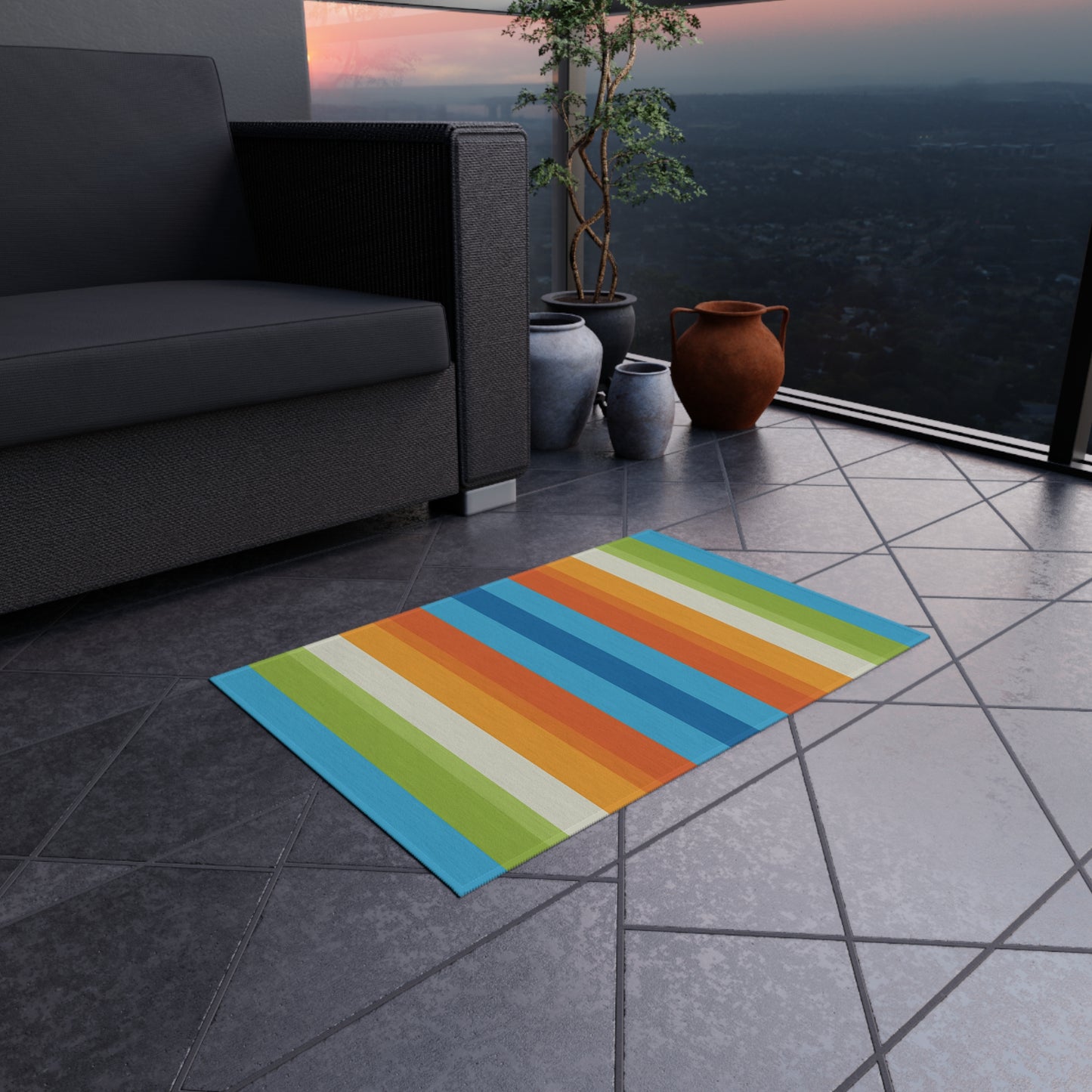 Colorful Vertical Stripe Outdoor/Indoor Rug | Blue Orange Green Patio Mat