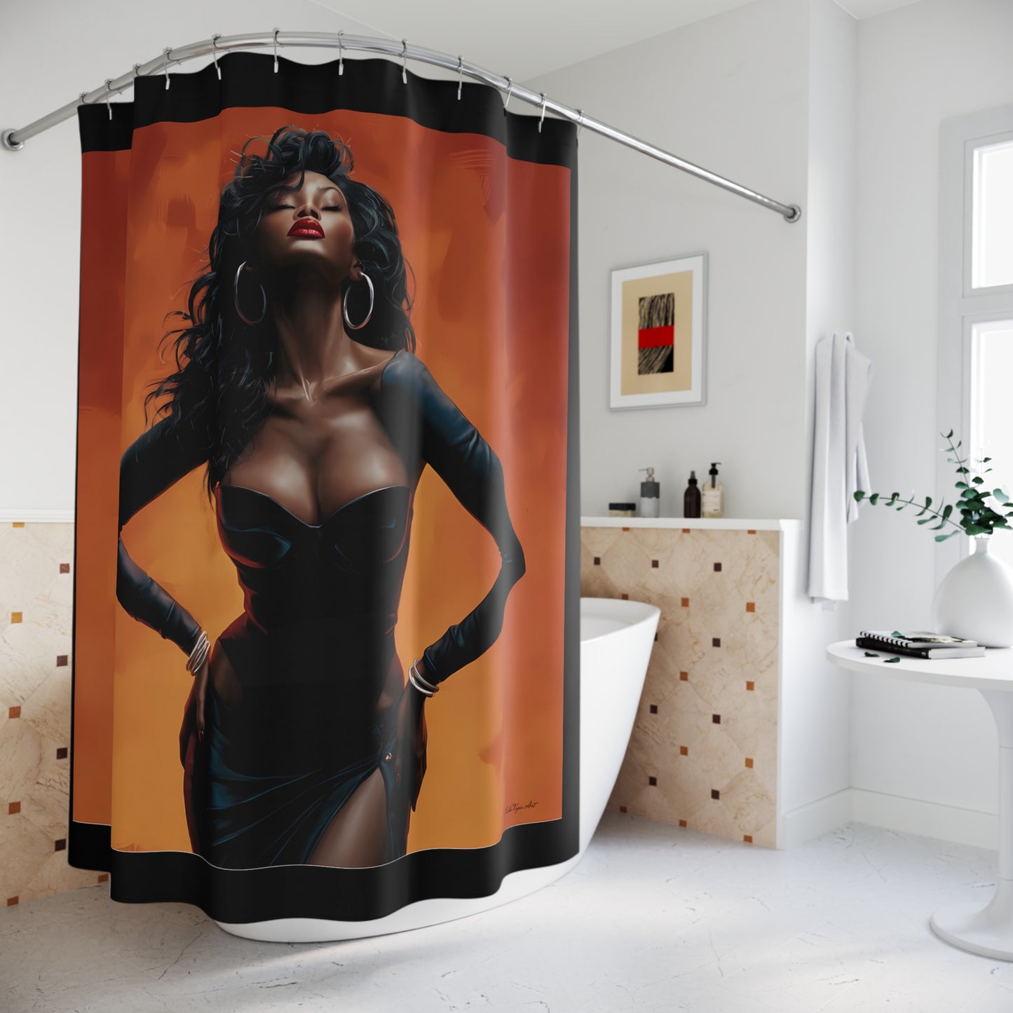 Black Sun Goddess Woman Shower Curtain - Black Girl Magic, African American Art, Bathroom Accessories, Orange Background