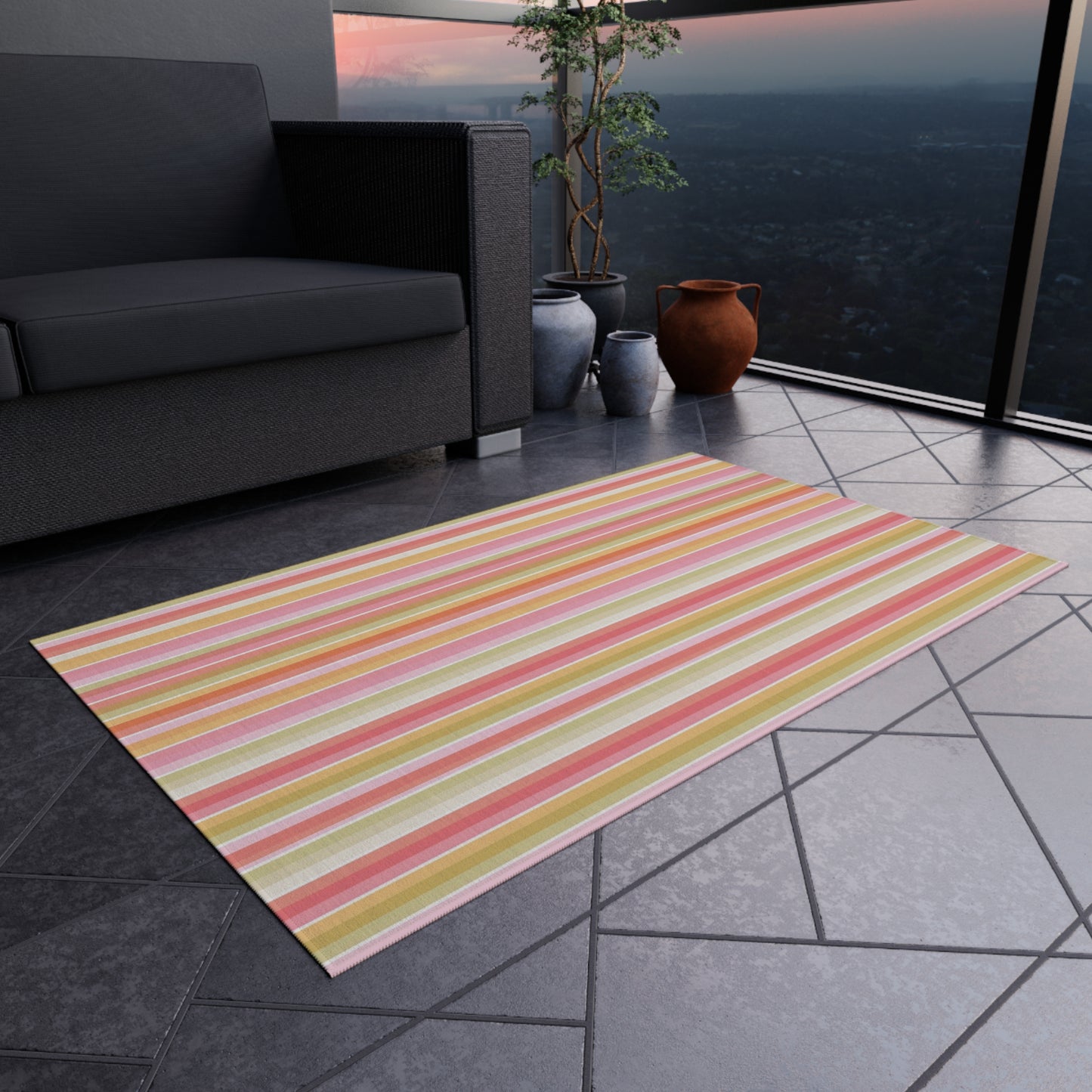 Striped Pastel Outdoor Rug | Pink Yellow Green Patio Mat