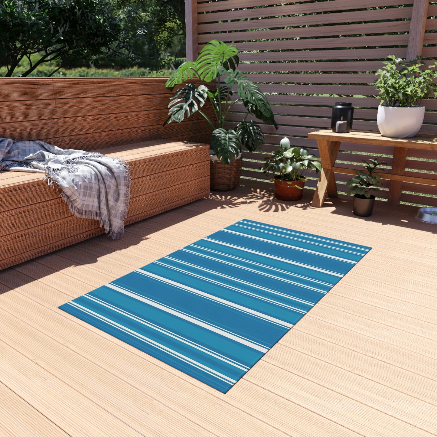 Blue Stripe Outdoor/Indoor Rug | Patio Mat, Coastal Striped Porch Rug