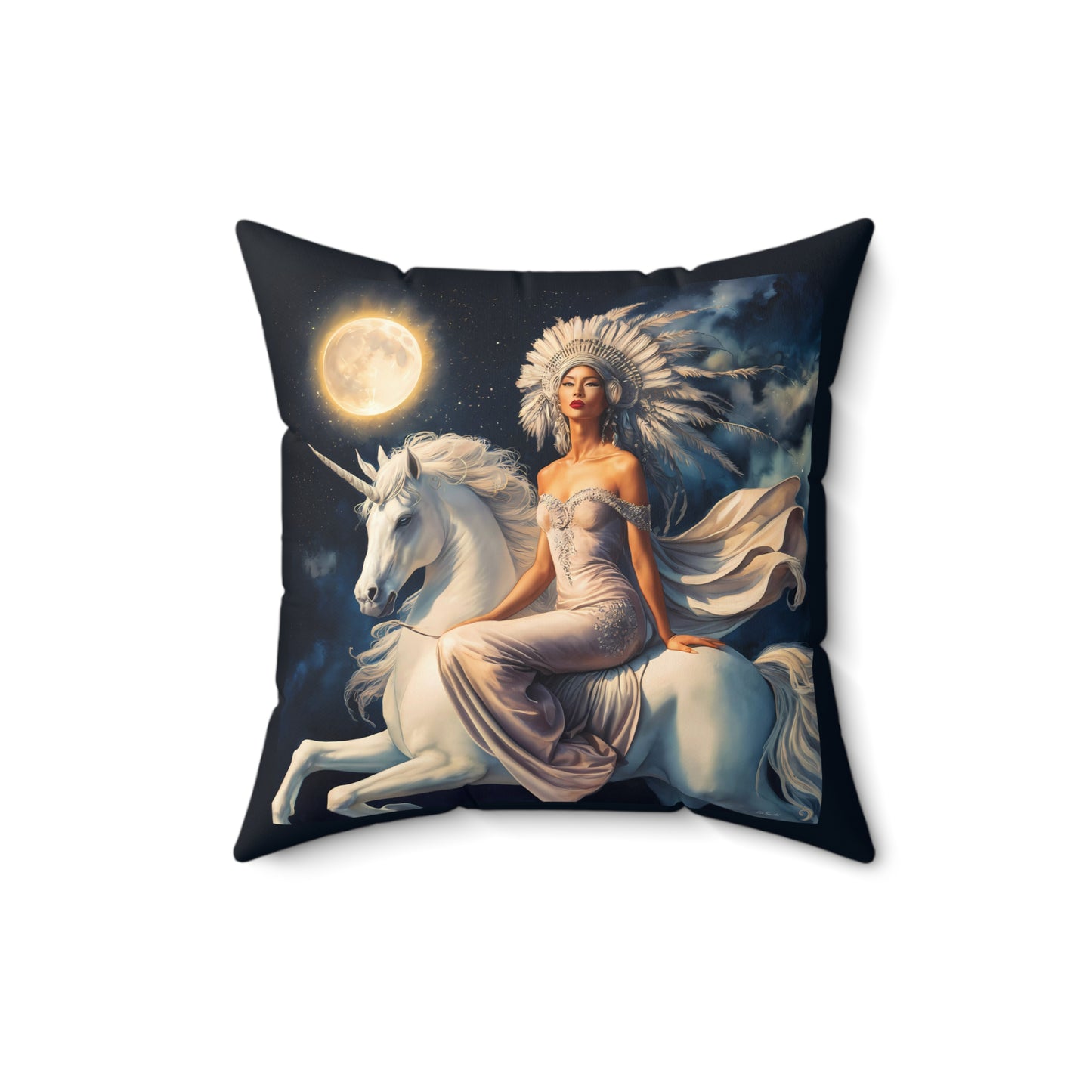 Fantasy Square Pillow, Native American Princess Unicorn Full Moon Night Sky Decor, Magical Throw Cushion, Home Accent Gift, Bedroom