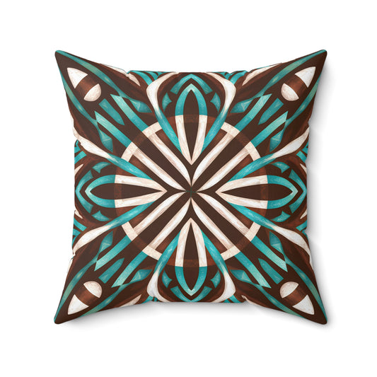 Boho Southwest Spun Polyester Square Pillow, Eclectic Ethnic Home Decor, Turquoise Brown White, Throw Pillow