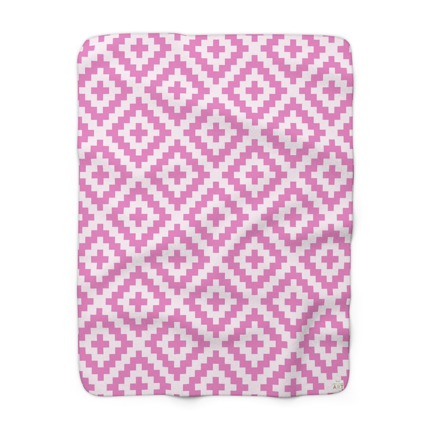 Boho Native American Pink White Geometric Diamond Pattern Sherpa Blanket | Cozy Fleece Throw