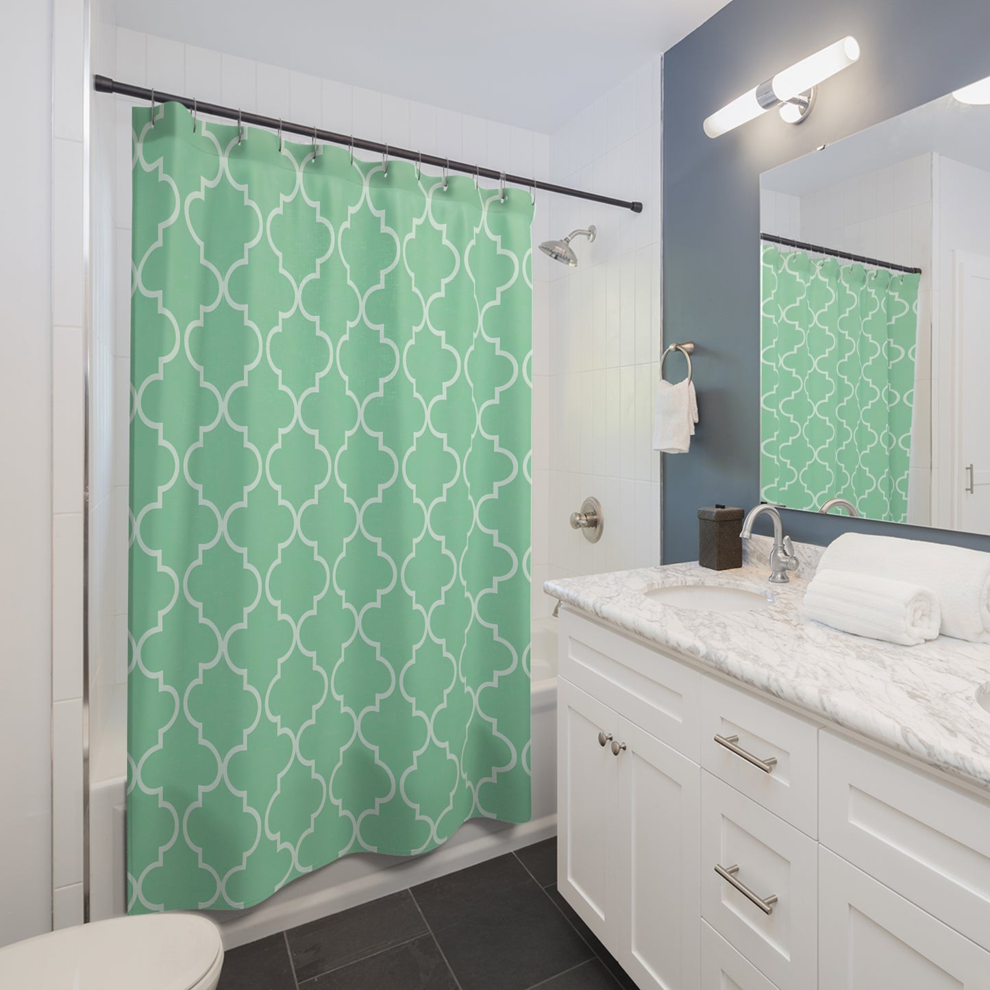 Modern Geometric Shower Curtain | Fresh Mint Decor, Bathroom Accessory, Home Makeover, Gift for Her, Stylish Bath,Teal Moroccan Quatrefoil - LOLA VEGAS ART