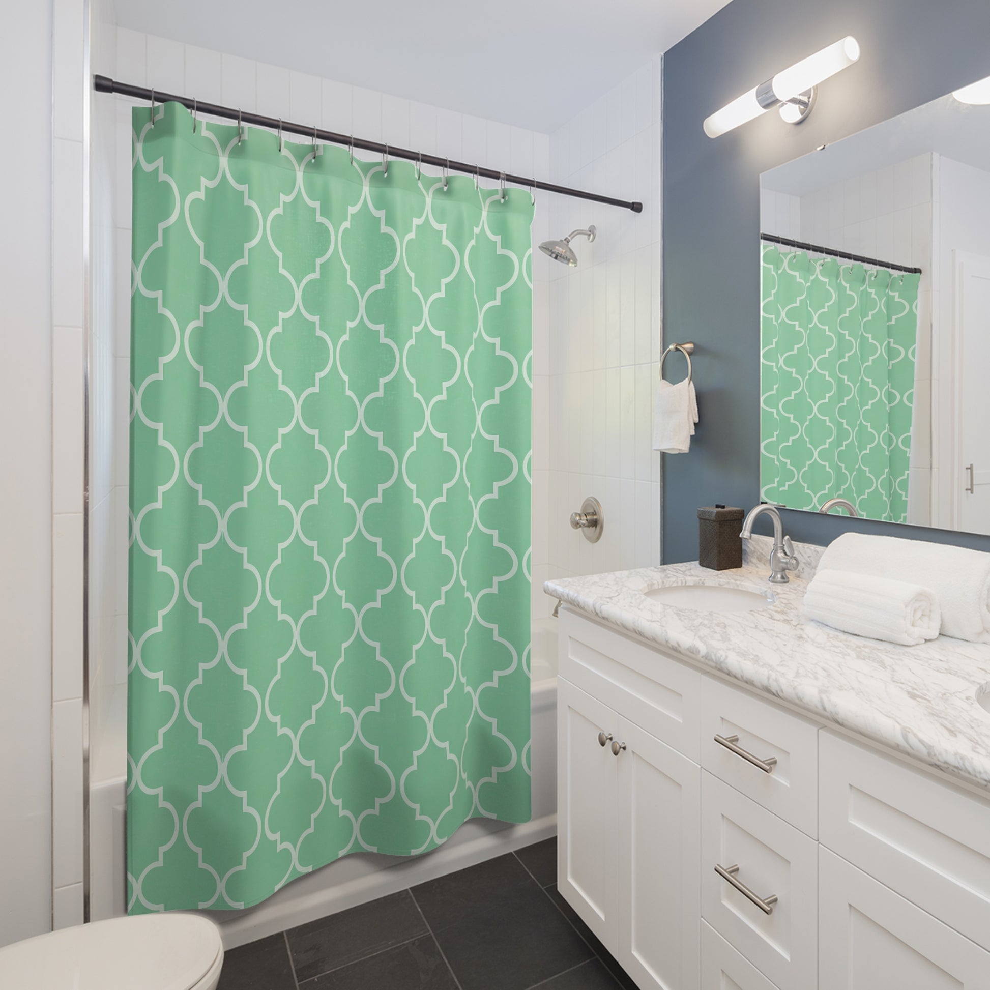 Modern Geometric Shower Curtain | Fresh Mint Decor, Bathroom Accessory, Home Makeover, Gift for Her, Stylish Bath,Teal Moroccan Quatrefoil - LOLA VEGAS ART
