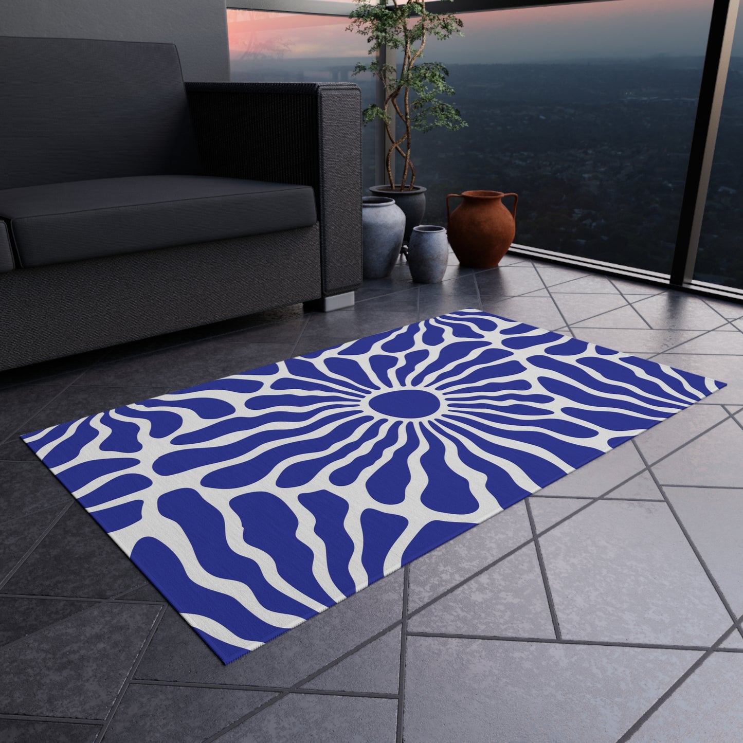 Blue White Radiant Floral Outdoor/Indoor Rug | Patio Mat, Water-Resistant Poolside