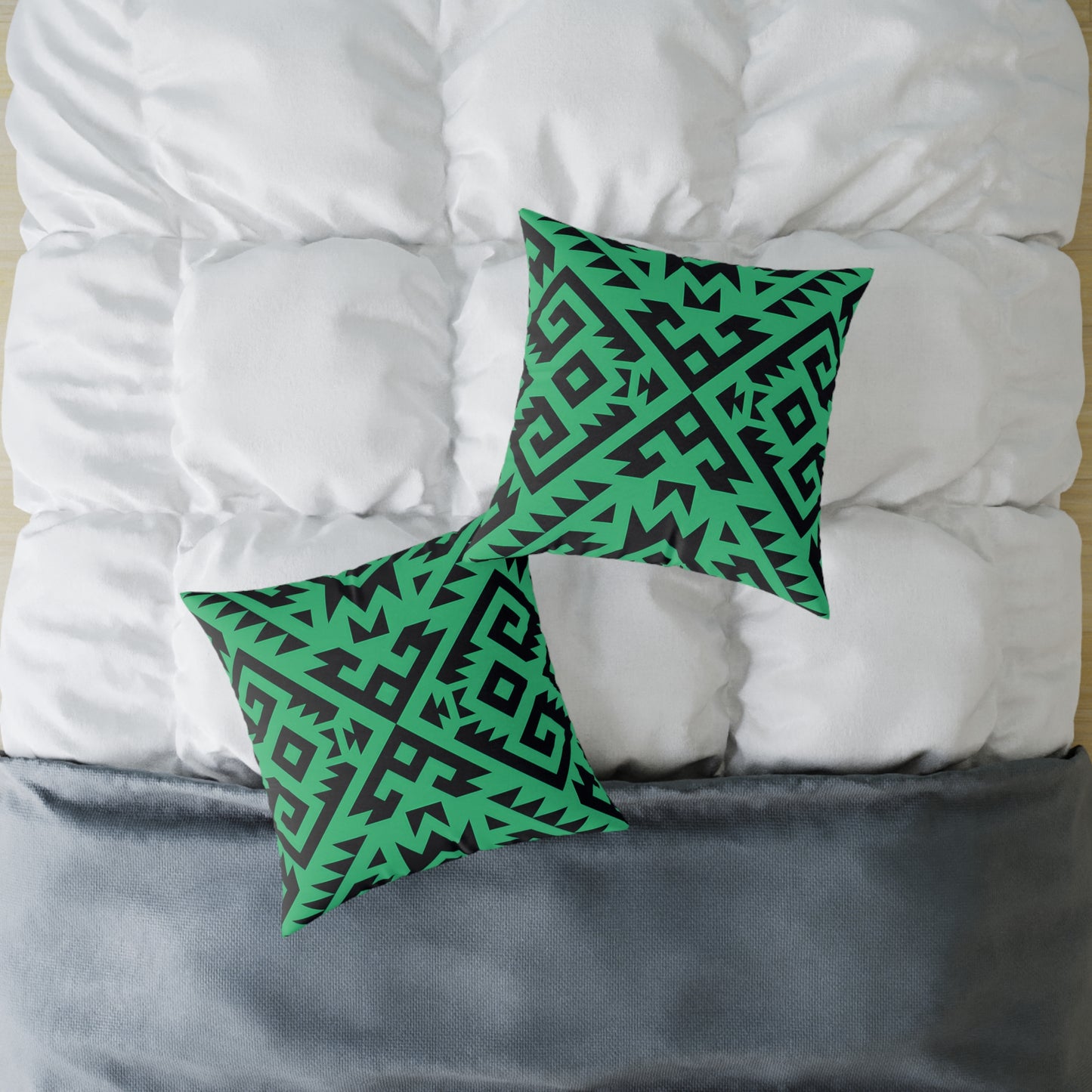 Green Boho Aztec Geometric Pattern Pillow | Square Poly Canvas Pillow