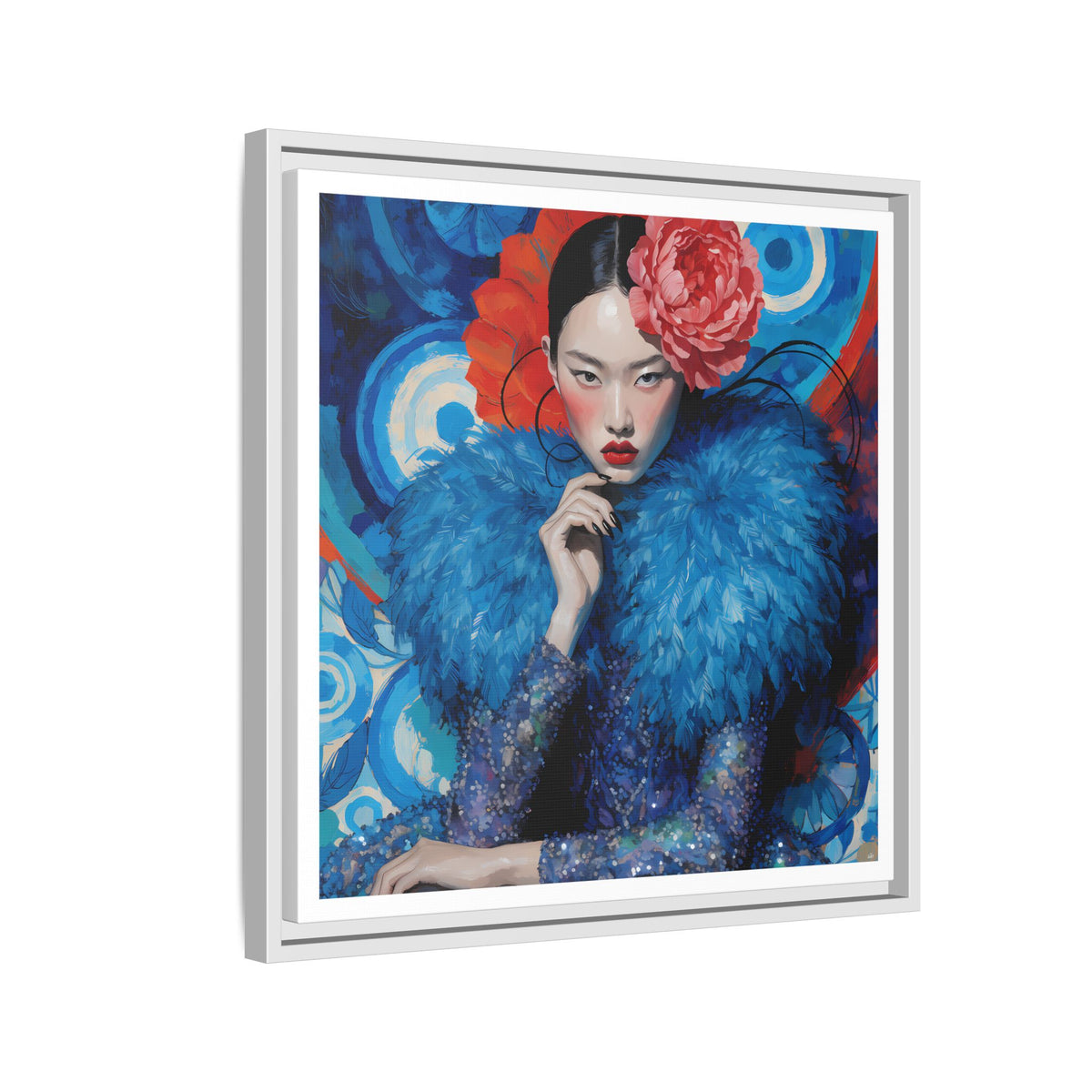 Floral-Femme Asian Woman Portrait Matte Canvas Framed Wall Art | Colorful Fashion Illustration