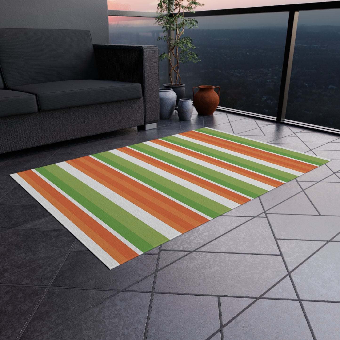 Green Orange White Stripe Outdoor/Indoor Rug | Patio Mat, Weather-Resistant