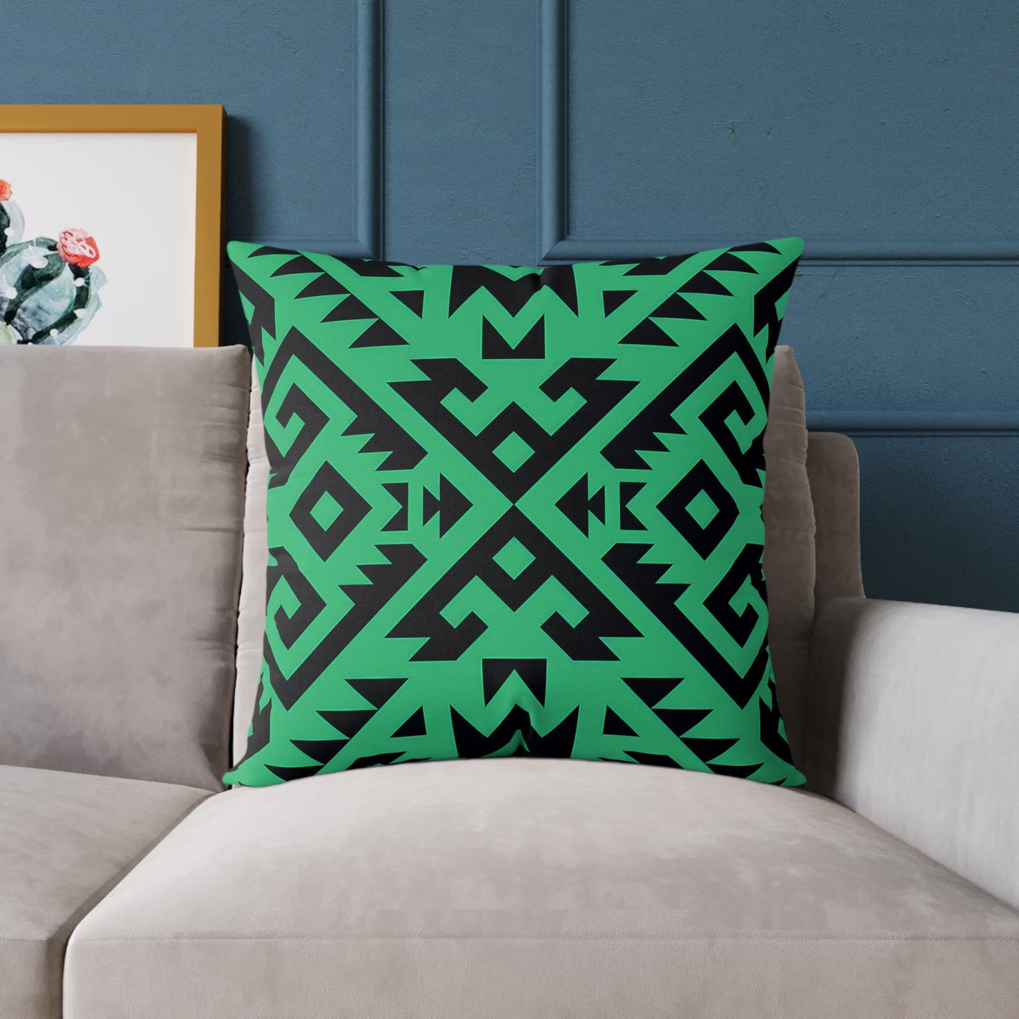 Green Boho Aztec Geometric Pattern Pillow | Square Poly Canvas Pillow