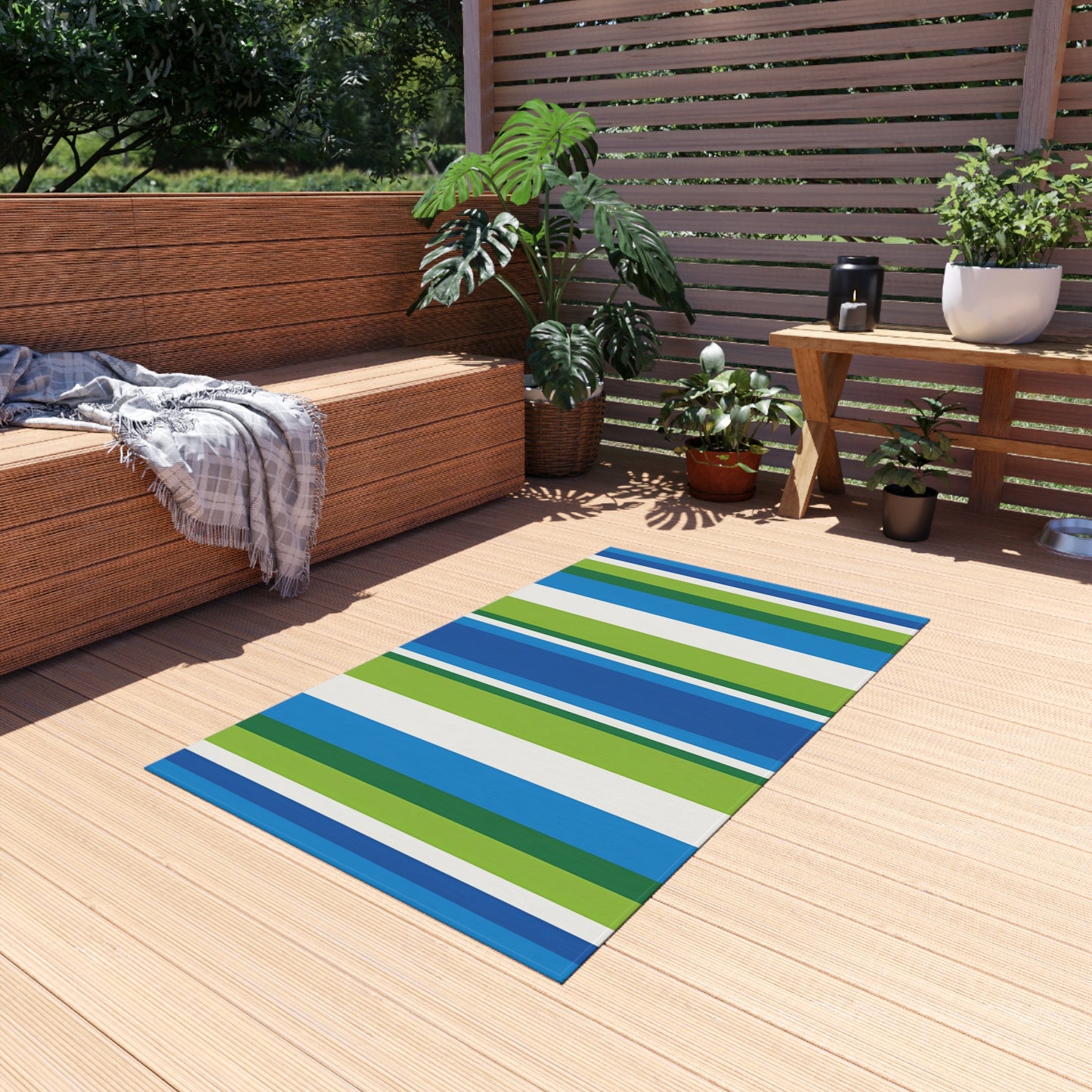 Blue Green Stripe Outdoor/Indoor Rug | Striped Patio Mat, Weatherproof Porch Rug