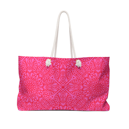 Vibrant Floral Weekender Bag, Travel Tote, Summer Getaway Bag, Beach Bag, Stylish Gym Bag, Gift for Her, Hot Pink Boho Oversized Bag - LOLA VEGAS ART
