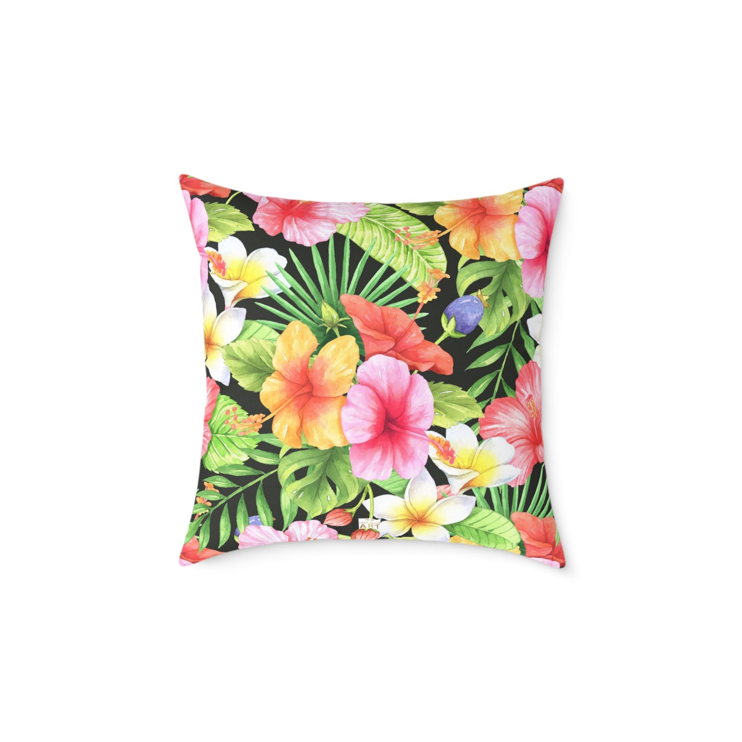 Tropical Pink Yellow Green Hibiscus Floral Square Pillow | Hawaiian Leaves Pattern