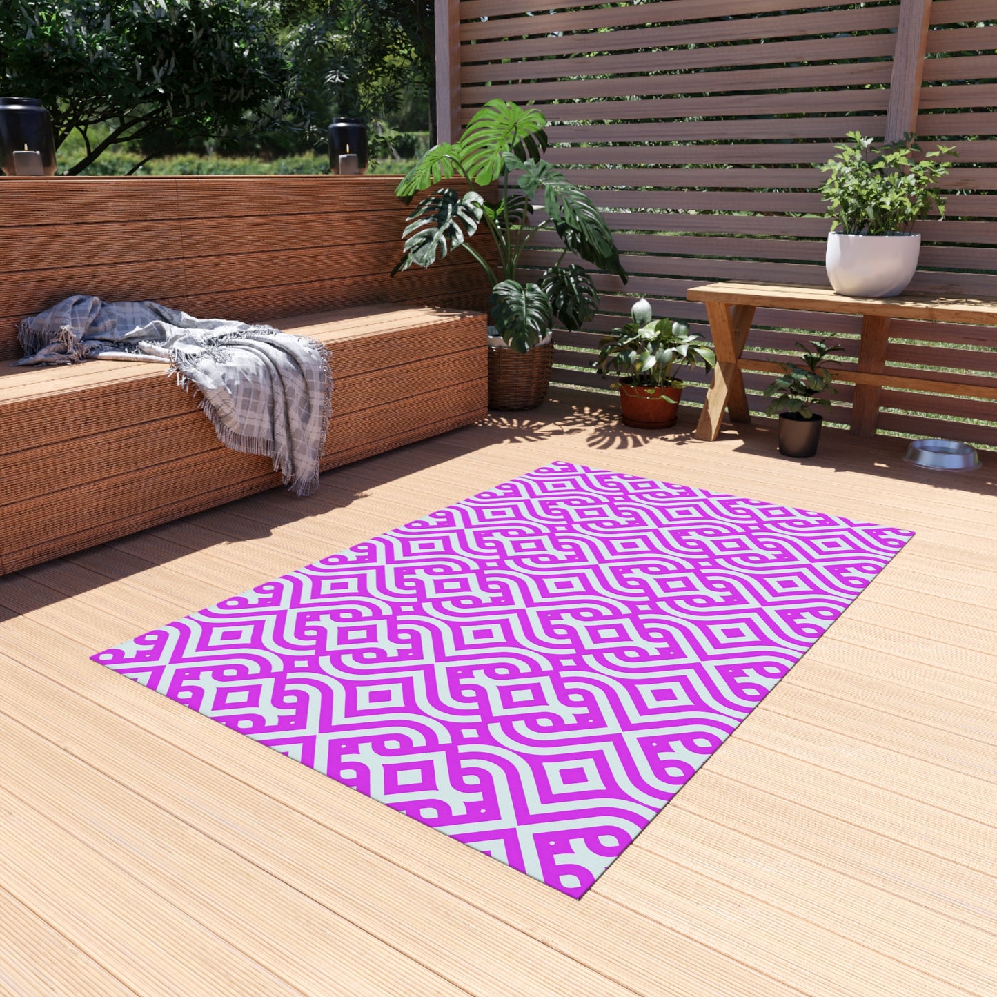 Geometric Moroccan Tile Outdoor/Indoor Rug | Magenta Pink White Patterned Patio Mat