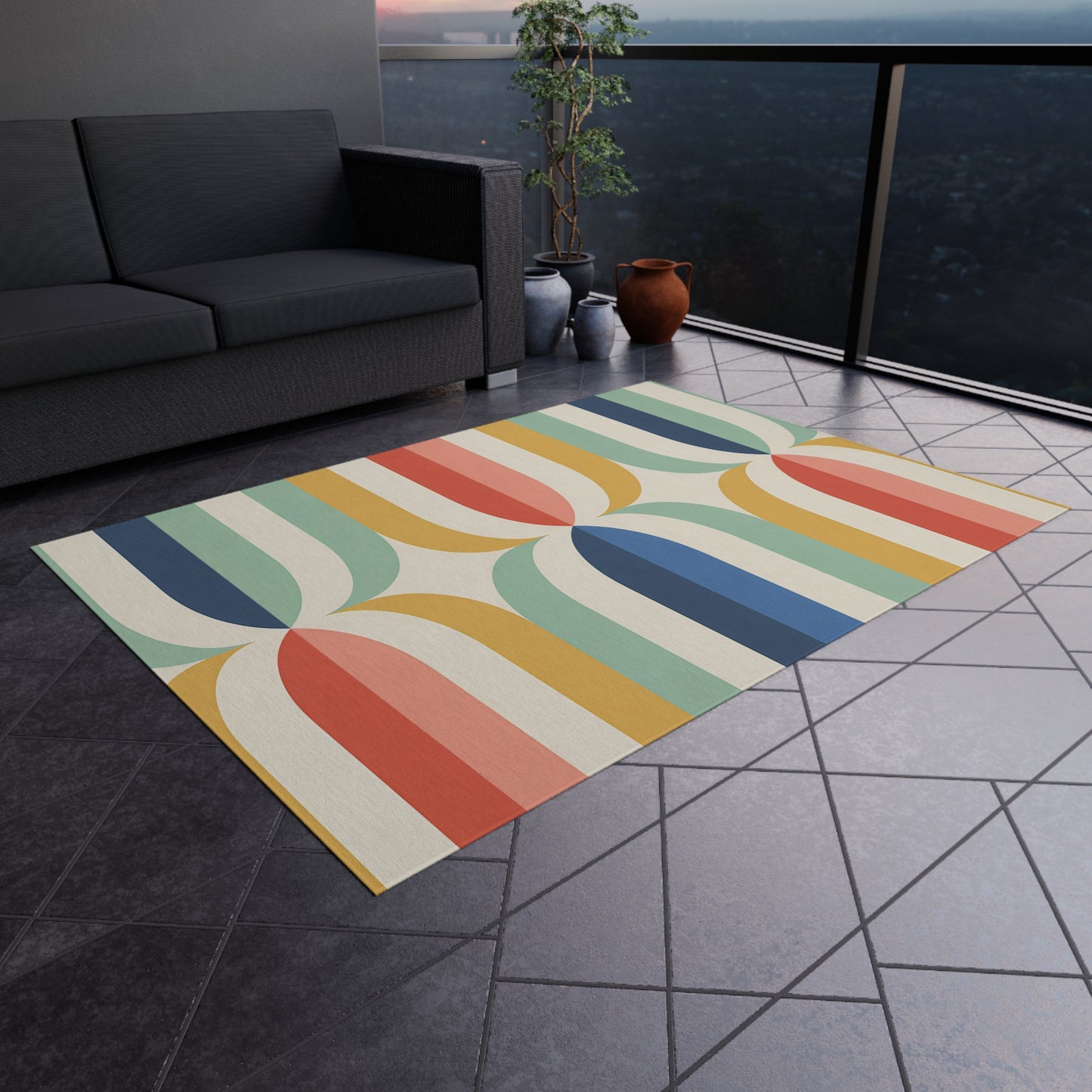 Mid Century Rainbow Arch Outdoor/Indoor Rug | Retro Geometric Patio Mat