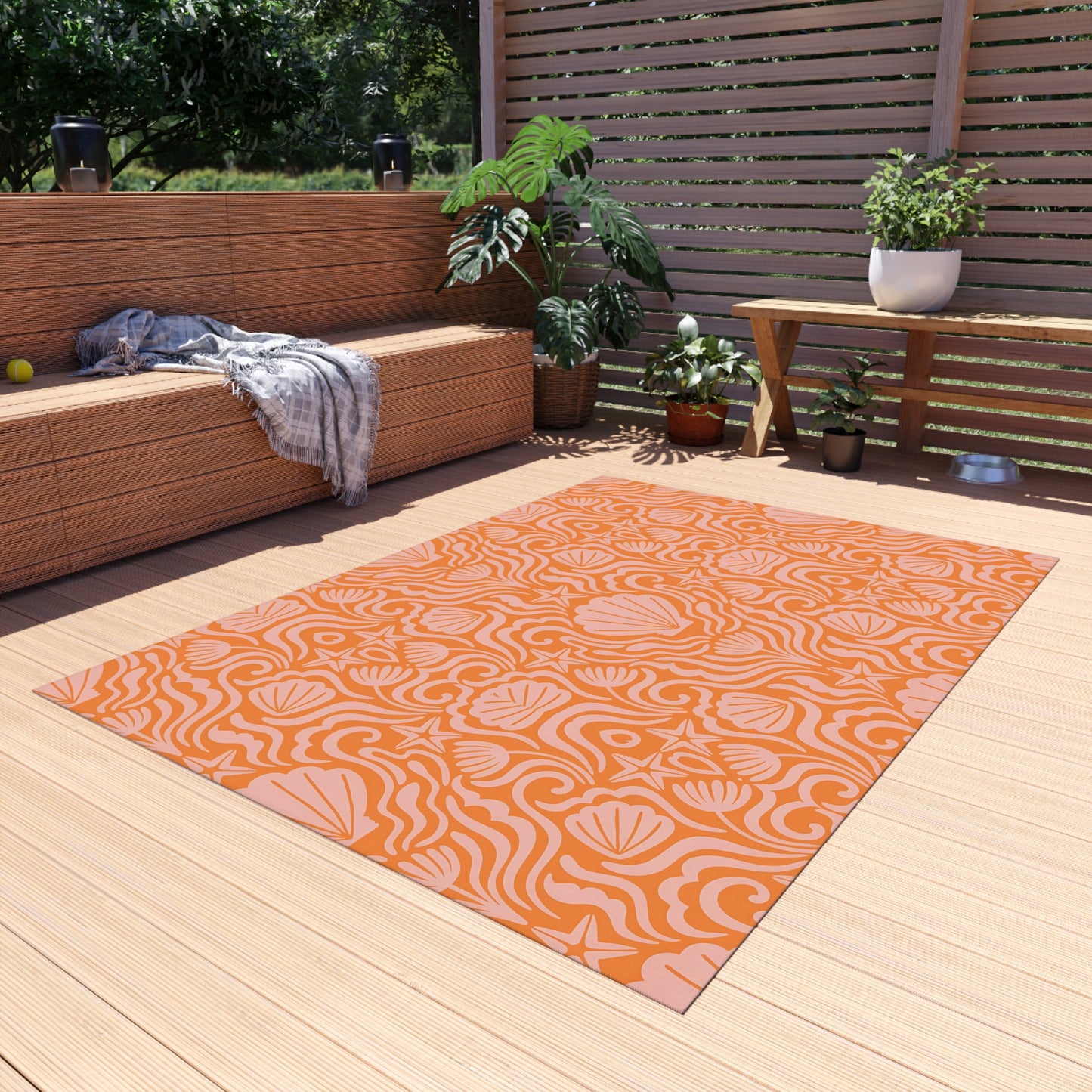 Orange-Light Orange Seashell Pattern Outdoor/Indoor Rug | Coastal Patio Mat