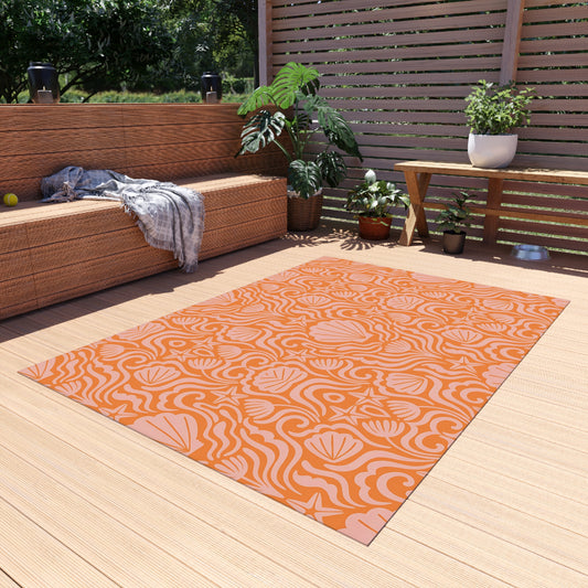 Orange-Light Orange Seashell Pattern Outdoor/Indoor Rug | Coastal Patio Mat