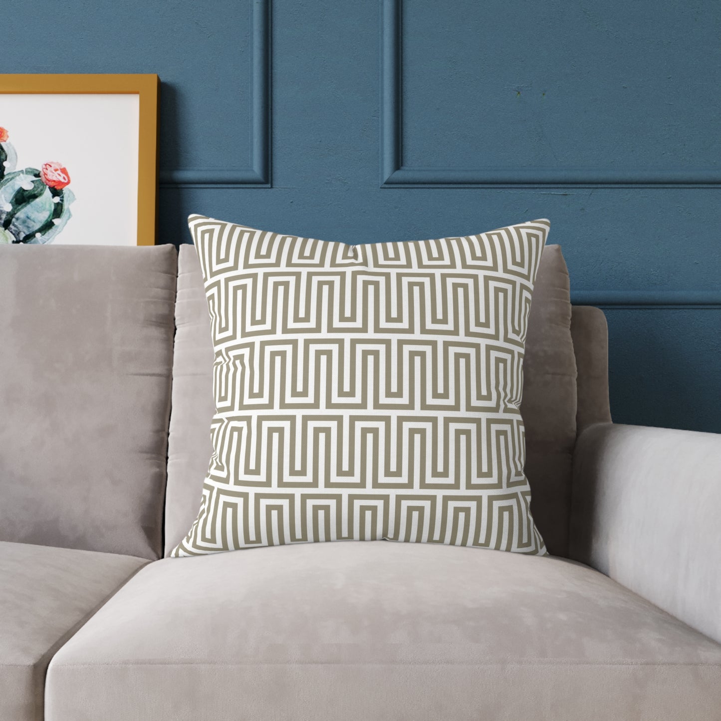 Tan White Greek Key Geometric Pattern Pillow | Square Poly Canvas Throw Pillow