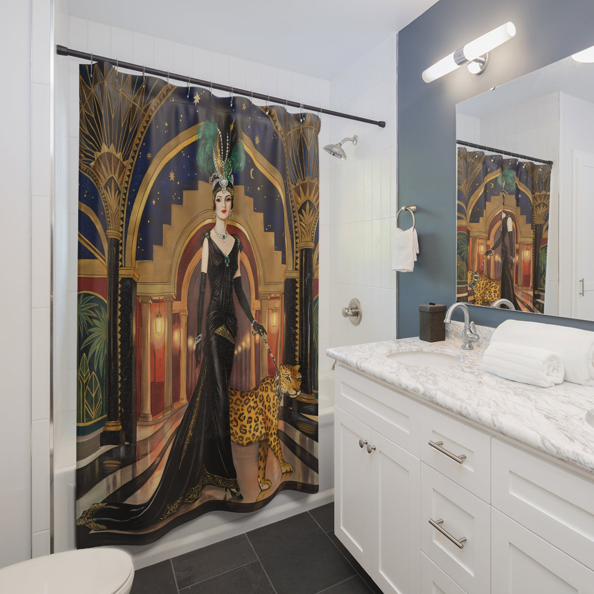 Art Deco Flapper with Leopard Shower Curtain | 1920s Gatsby Bathroom