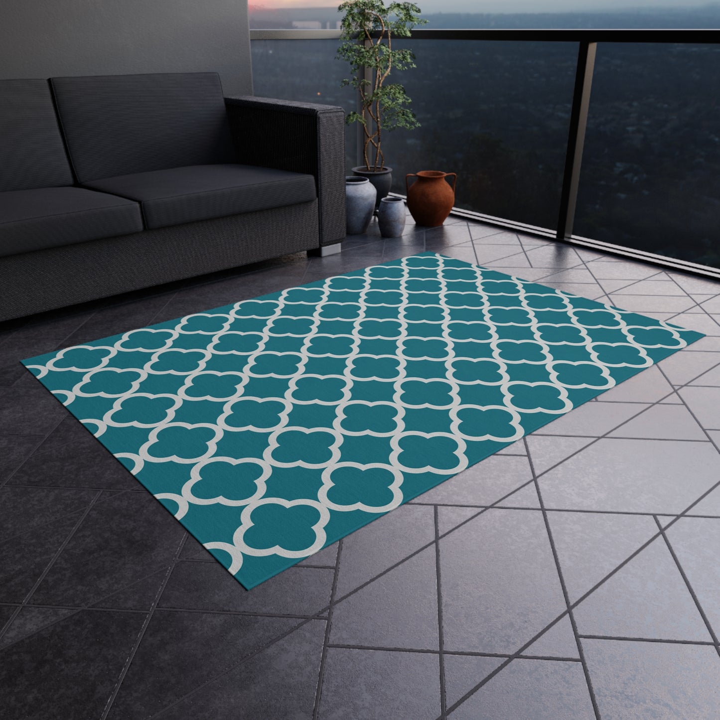 Teal Quatrefoil Outdoor/Indoor Rug | Patterned Patio Mat