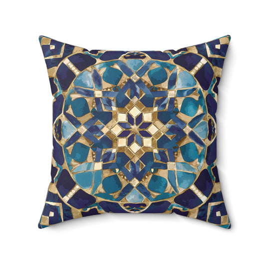 Moroccan Mosaic Square Pillow, Ethnic Boho Throw Cushion, Blue Tan Decorative Pillow, Eclectic Home Accent, Decorative Sofa Pillow